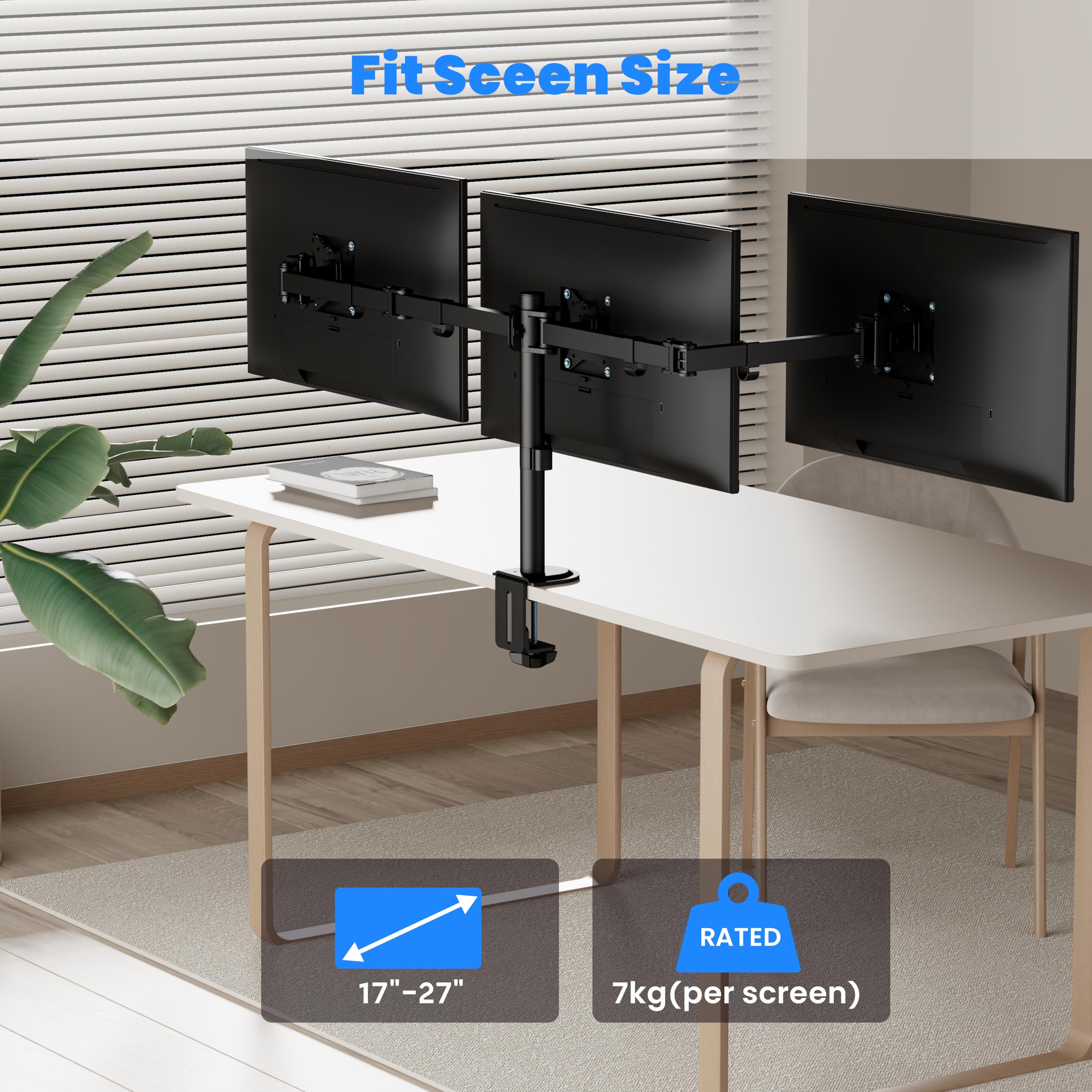 PureMounts Monitor Halterung, Monitorhalterung für 3 Bildschirme, 17 bis 27 Zoll, höhenverstellbar neigbar schwenkbar, VESA 75 und 100, Tischhalterung, Bildschirmhalter Triple, Schwarz