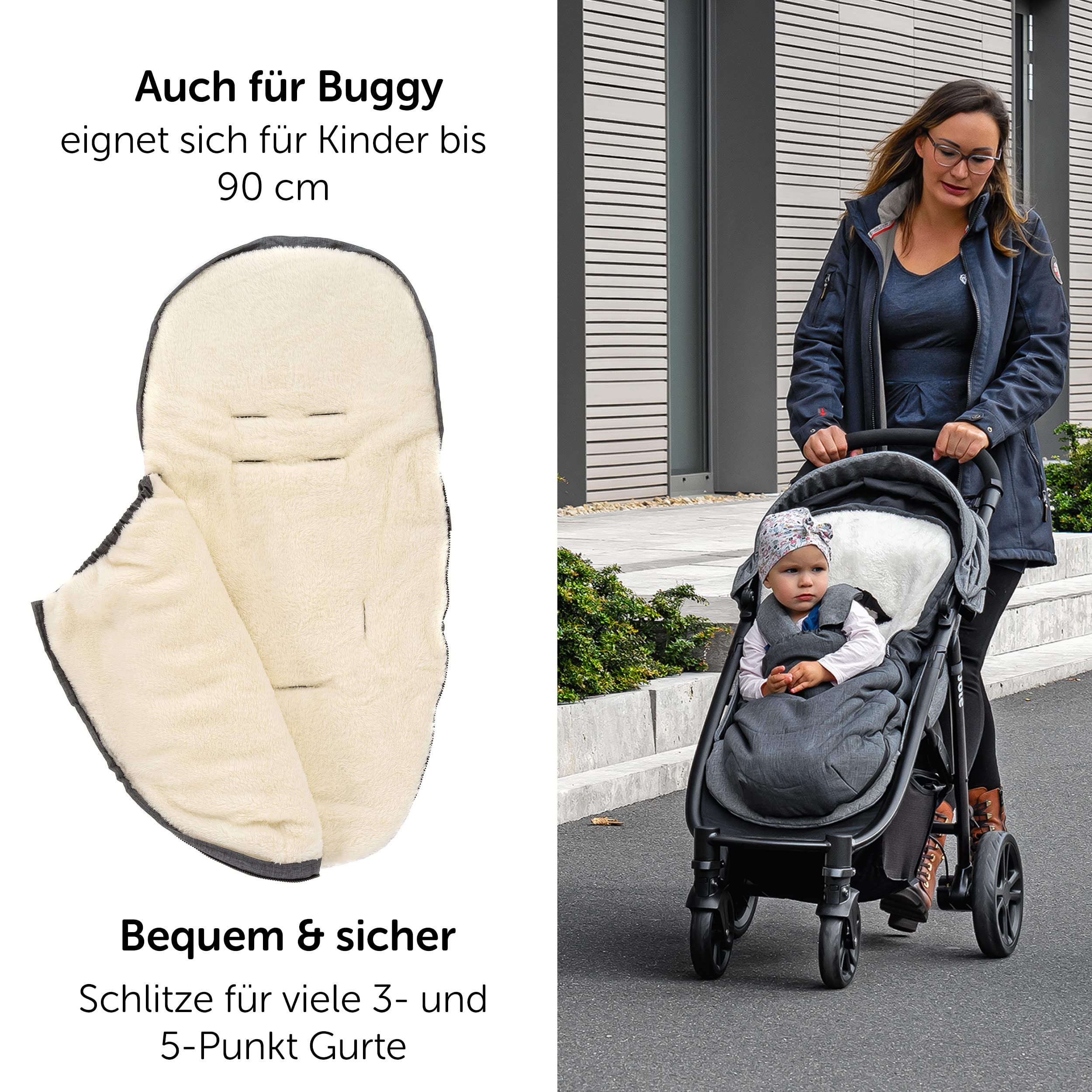 Zamboo Universal Fußsack für Babyschale, Kinderwagen Wanne und Buggy - 2in1 Winterfußsack und Sitzauflage aus kuscheligem Fleece, Baby Fusssack mit Tasche - Grau