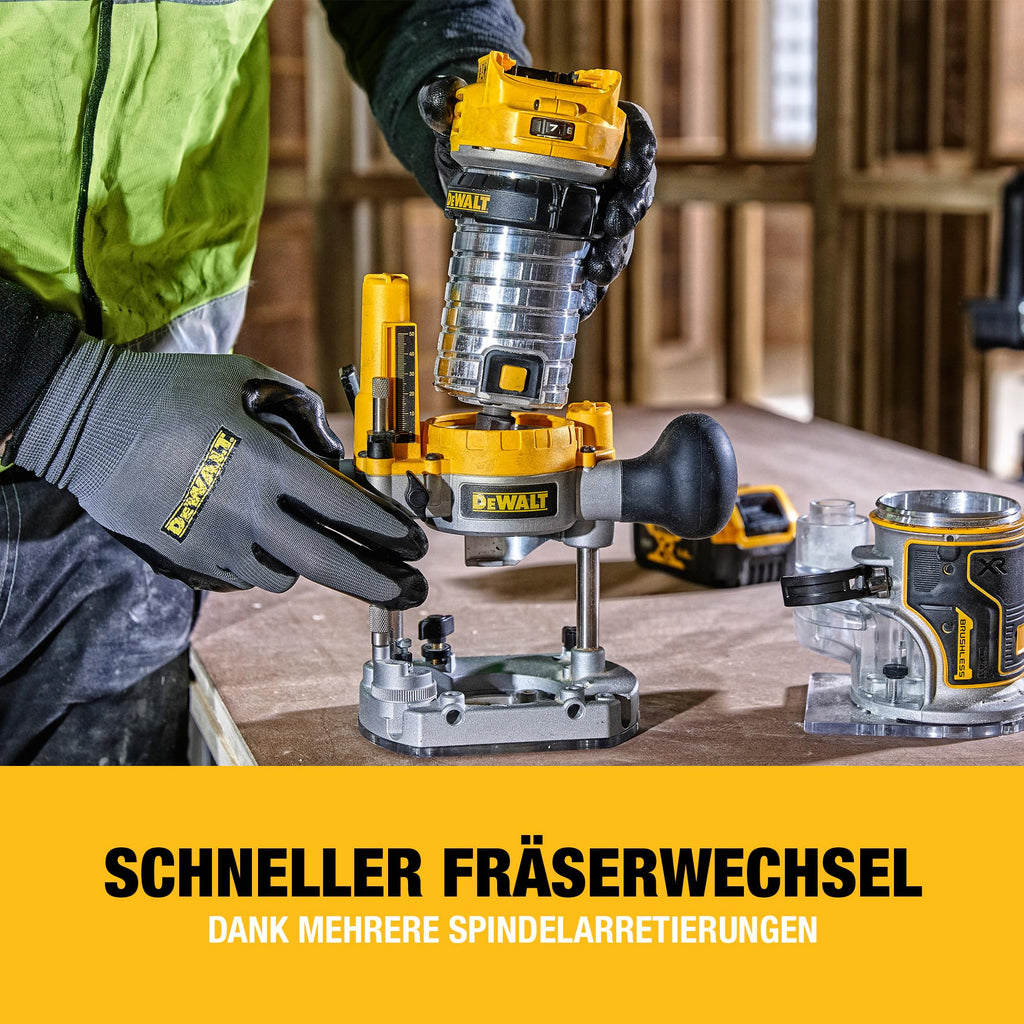 DEWALT 18V Akku-Kombifräse (einsetzbar als Ober- oder Kantenfräse, bürstenloser Motor, 6-8 mm Werkzeugaufnahme, max. Fräs-ø: 36 mm, Fräskorbhub: 55 mm, Lieferung ohne Akku & Ladegerät), DCW604NT-XJ