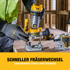 DEWALT 18V Akku-Kombifräse (einsetzbar als Ober- oder Kantenfräse, bürstenloser Motor, 6-8 mm Werkzeugaufnahme, max. Fräs-ø: 36 mm, Fräskorbhub: 55 mm, Lieferung ohne Akku & Ladegerät), DCW604NT-XJ