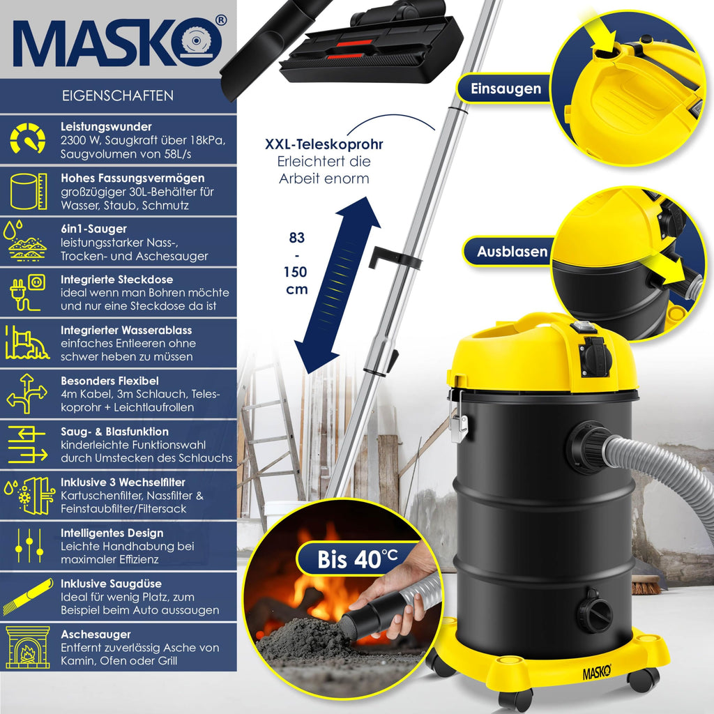 MASKO® 6IN1 Industriestaubsauger Staubsauger Nass Trocken Sauge Aschesauger 2300W + Steckdose✓ Blasfunktion ✓ Trocken-Saugen & Nass-Saugen | Industrie-Sauger mit & ohne Beutel | beutellos, Gelb