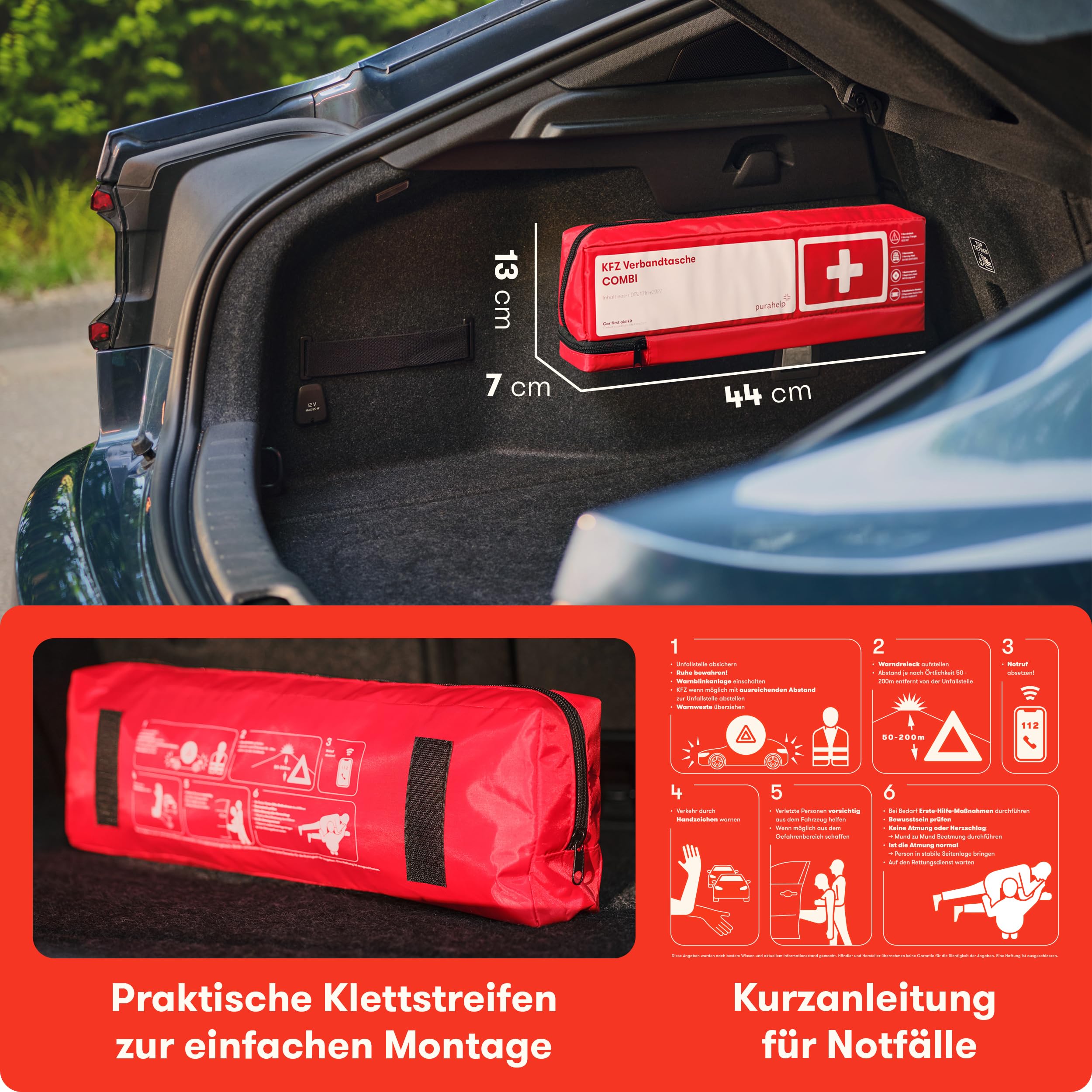 PURAHELP® KFZ Kombitasche inkl. Beatmungstuch [DIN 13164] - Verbandskasten Auto mit Warndreieck & Warnweste - PKW Verbandskasten StVO Konform für 2026 - Erste Hilfe Set Auto - First Aid Kit Car