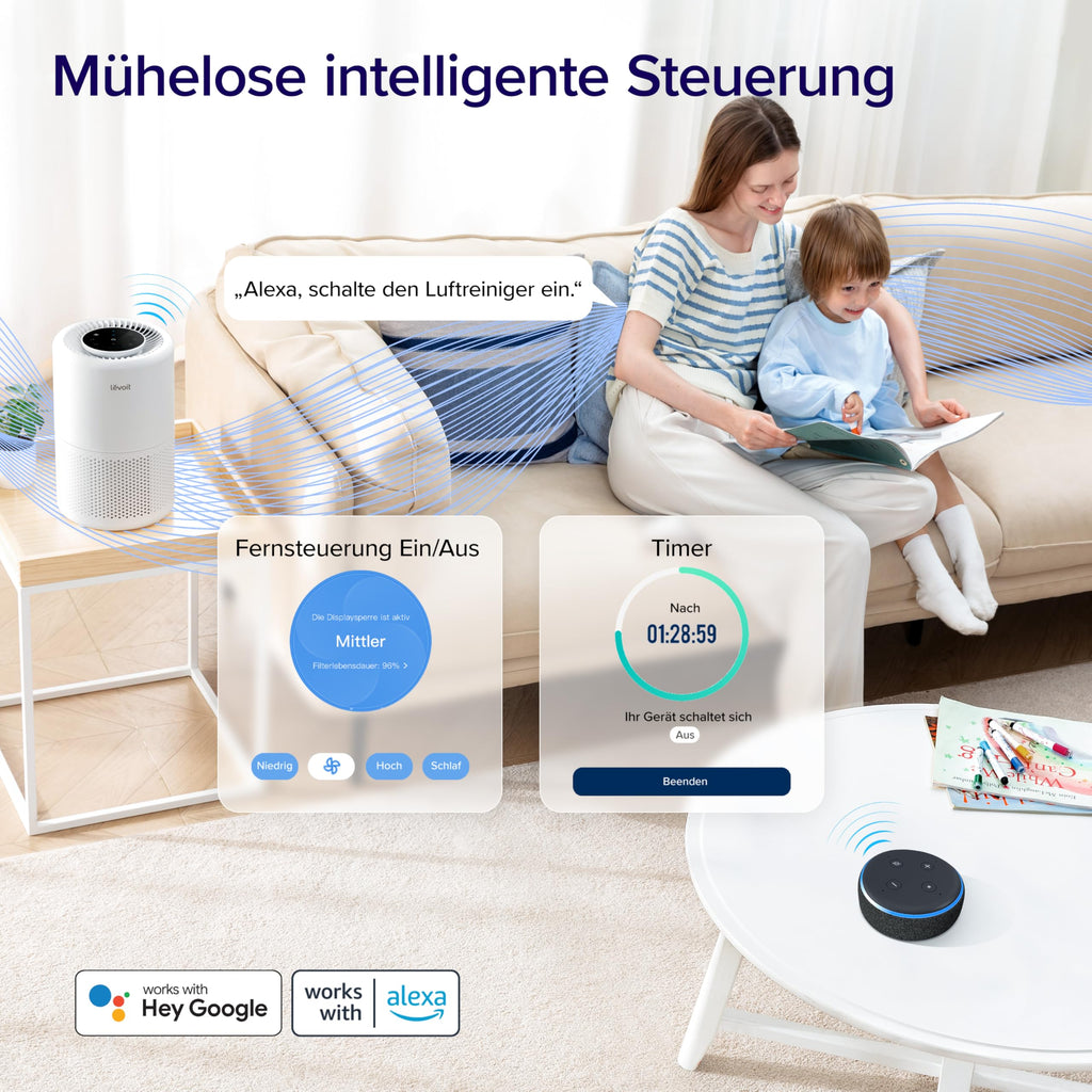 LEVOIT Luftreiniger 3-in-1 HEPA Filter, Luftfilter gegen Schimmel, Staub, Pollen & Gerüche, Air Purifier für Schlafzimmer, App Steuerung & Timer, Schlafmodus & Nachtlicht, Mattweiß