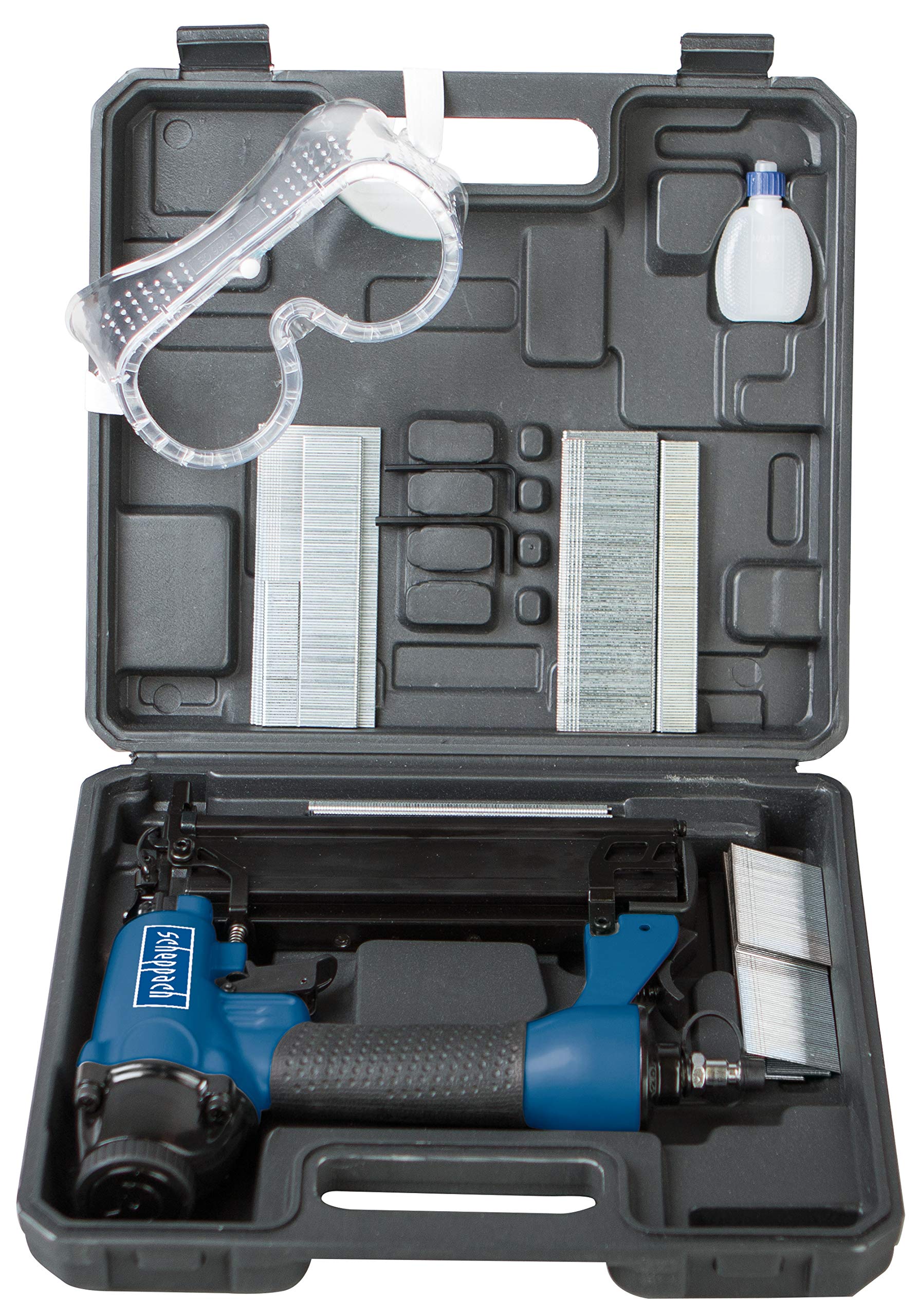 Scheppach Druckluftpistole 2in1 Klammer und Nagelpistole (Nägel bis 50mm, Klammern bis 40mm, Luftbedarf je Schuss 1,5L, Arbeitsdruck 8,3 bar, 360° Abluftführung) inkl. Zubehörset