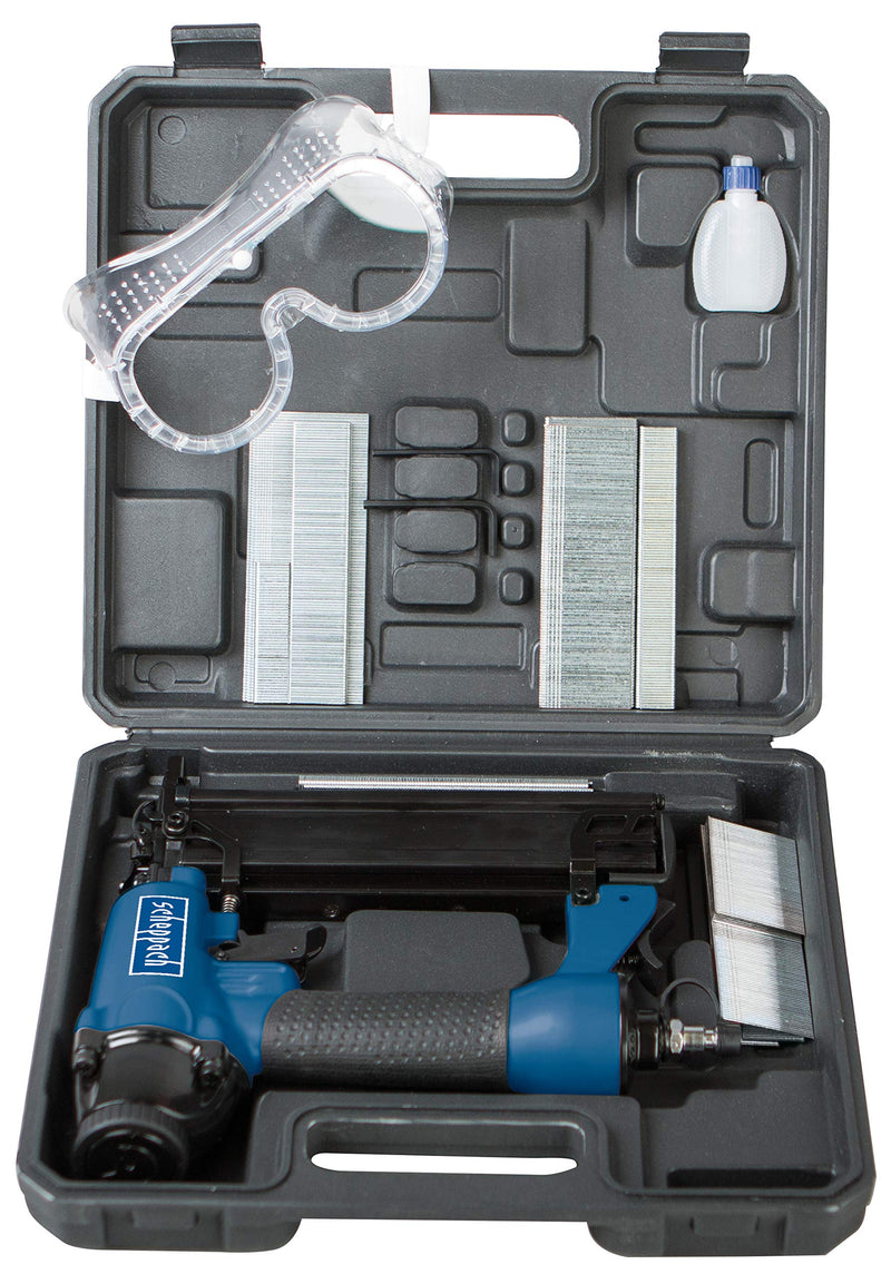 Scheppach Druckluftpistole 2in1 Klammer und Nagelpistole (Nägel bis 50mm, Klammern bis 40mm, Luftbedarf je Schuss 1,5L, Arbeitsdruck 8,3 bar, 360° Abluftführung) inkl. Zubehörset