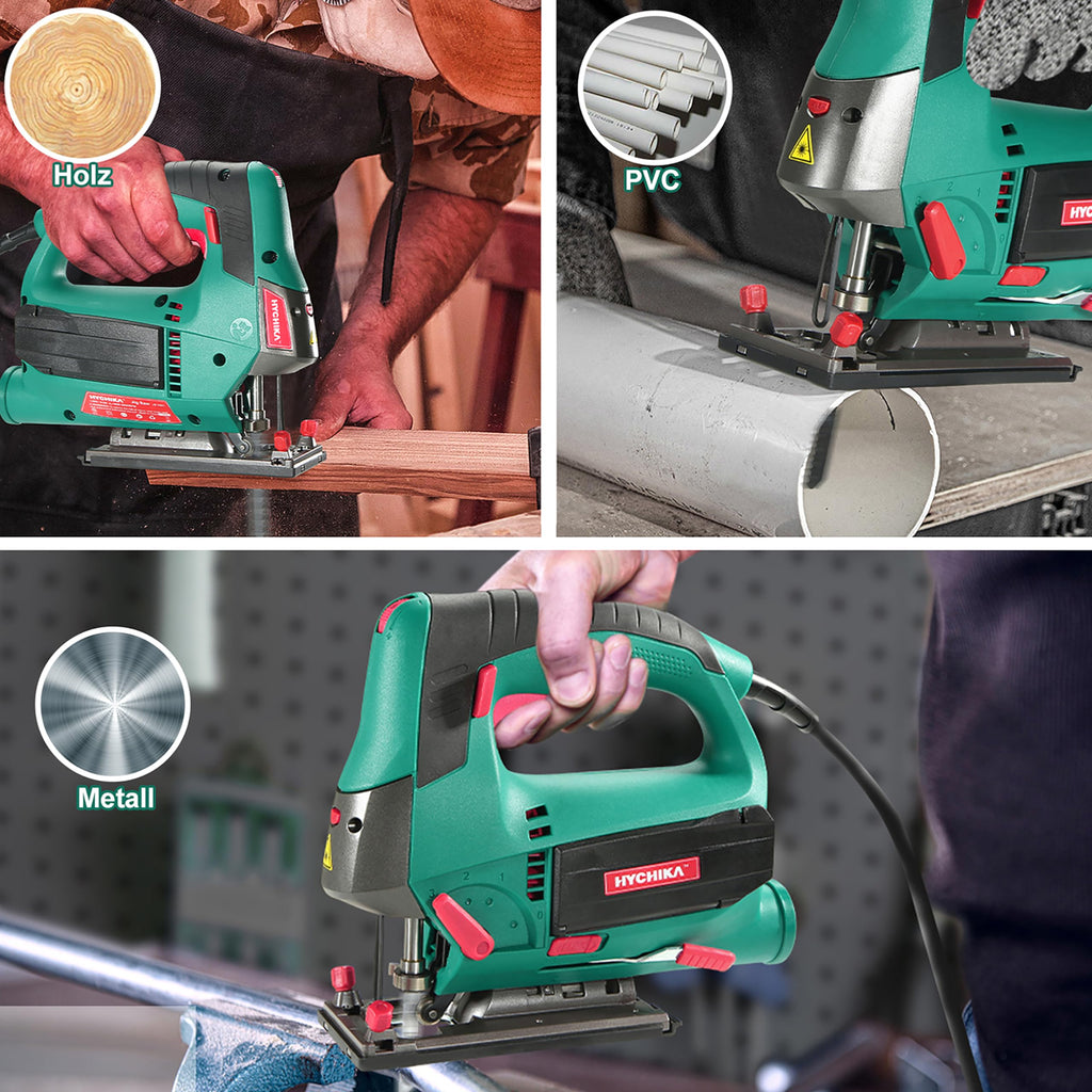 HYCHIKA Stichsäge, 800W Max Holz Schnitttiefe 110mm, 800-3000SPM Elektrische Stichsäge mit Laser, 6 Blätter, Fasenschneiden: -45 °bis 45°