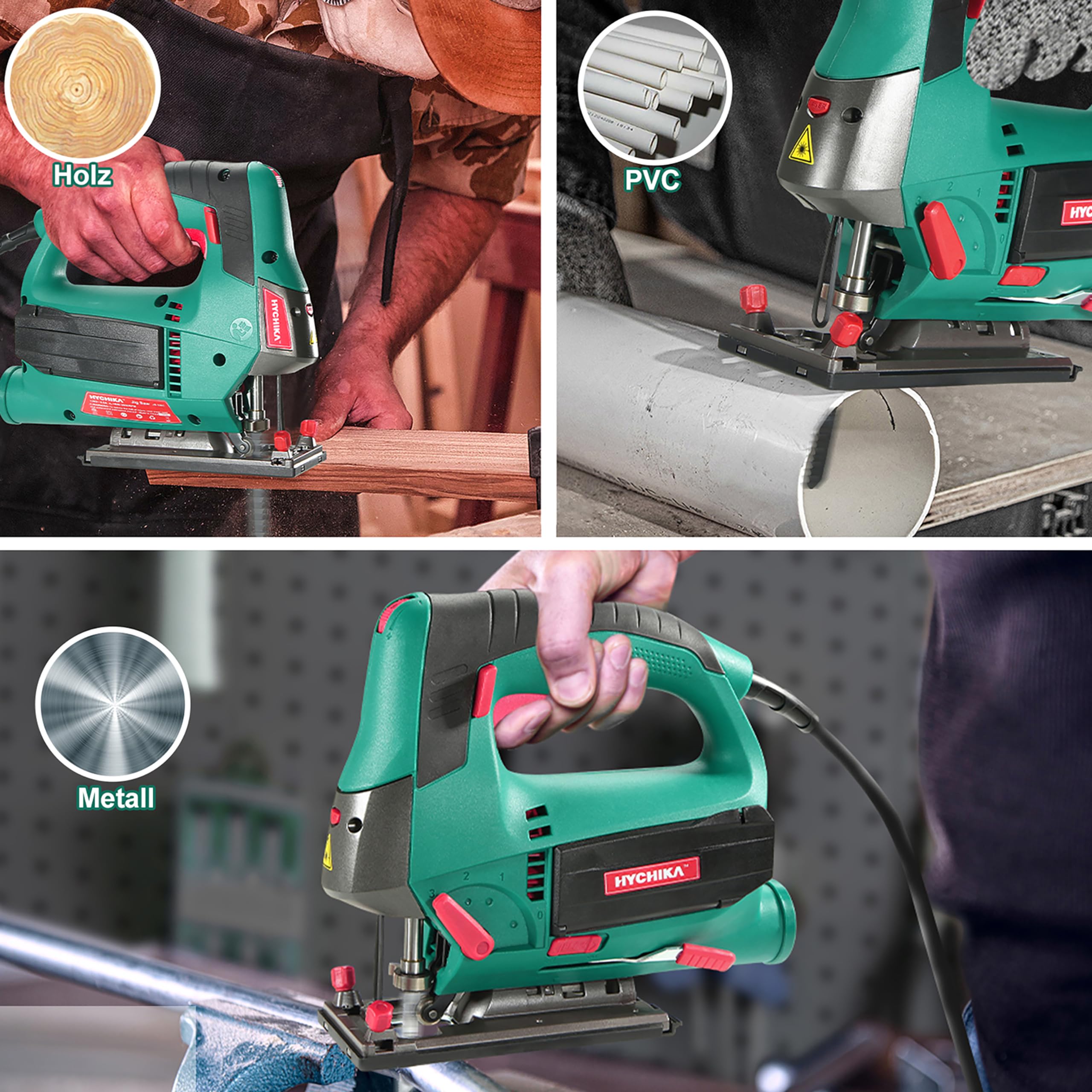 HYCHIKA Stichsäge, 800W Max Holz Schnitttiefe 110mm, 800-3000SPM Elektrische Stichsäge mit Laser, 6 Blätter, Fasenschneiden: -45 °bis 45°