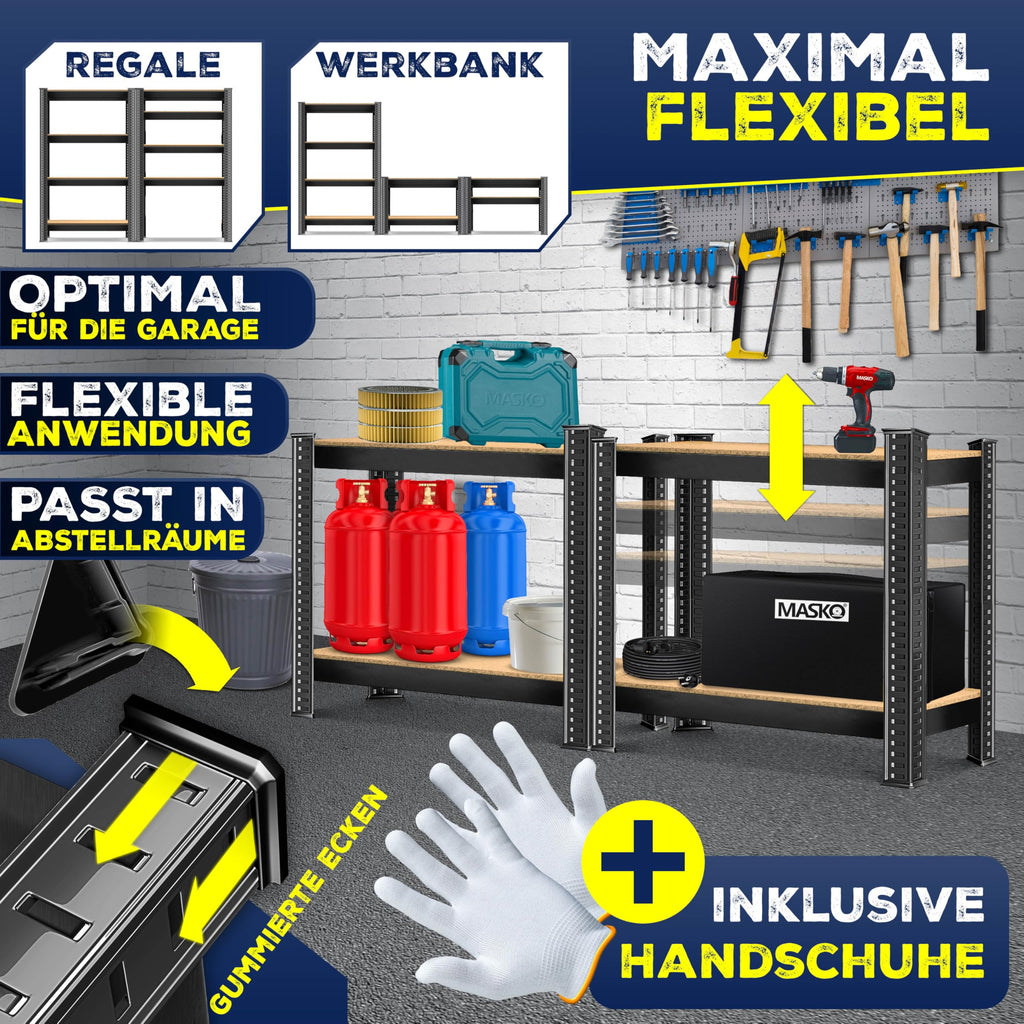 MASKO® 2er-Set Lagerregal Schwerlastregal, Kellerregal, 160 x 80 x 40 cm, bis 700kg belastbar, 4 verstellbare Ablagen, MDF-Platten Regal aus Metall, Steckregal, Werkstattregal, Keller, Garage Schwarz
