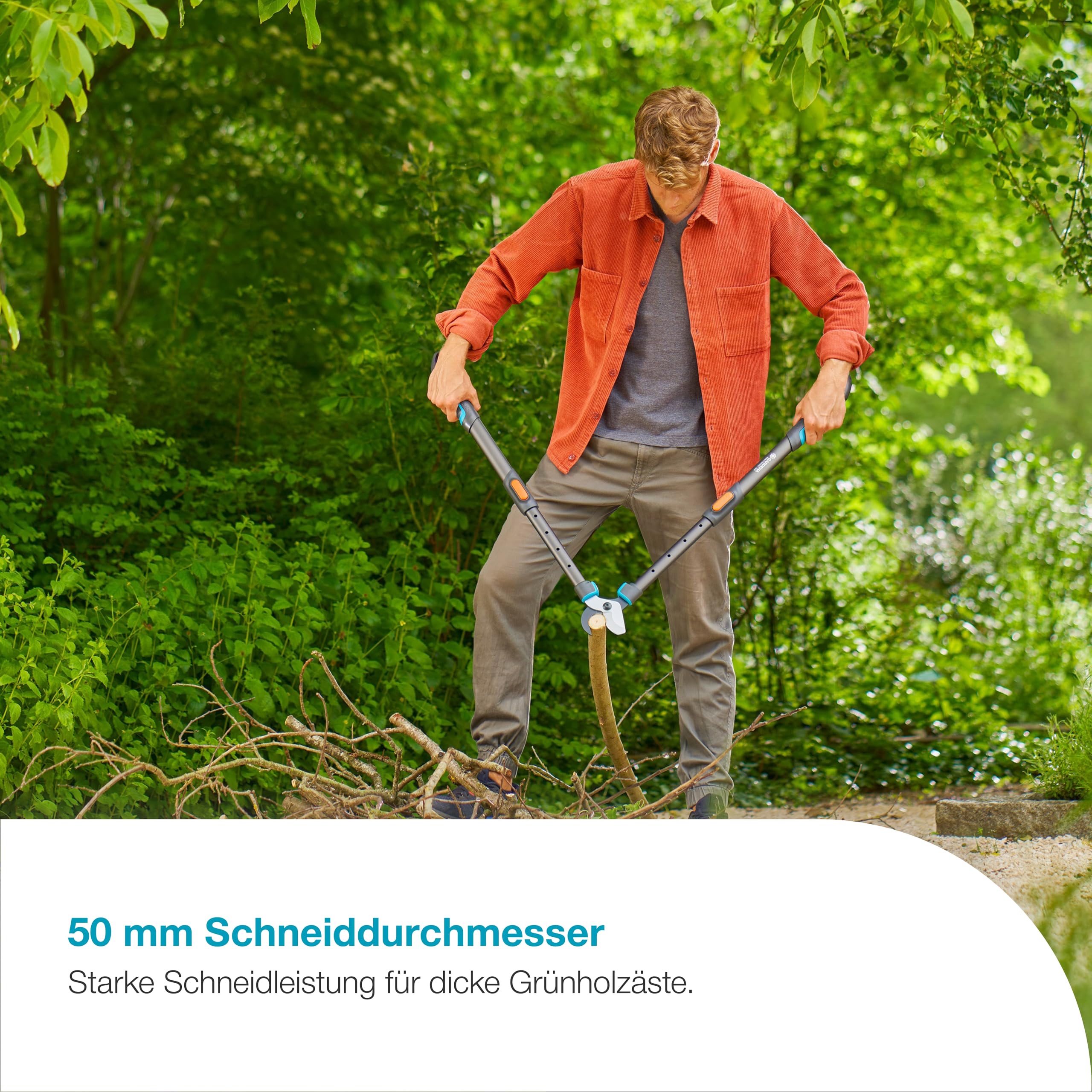 Gardena TeleCut Pro L, Teleskop-Astschere für frisches Holz bis 50 mm, verlängerbar bis 900 mm, präzisionsgeschliffene Klingen, PowerCoating für saubere Schnitte (12041-88)