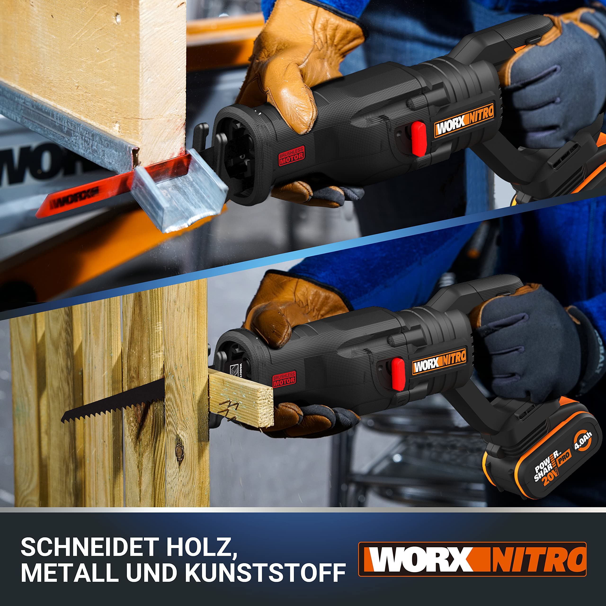 WORX WX516.9 NITRO Akku-Säbelsäge 20V - stark bürstenloser Motor - schneller Sägelblattwechsel - variable Schnittgeschwindigkeit - LED Licht - inkl. Holz- & Metallsägeblatt - ohne Akku & Ladegerät