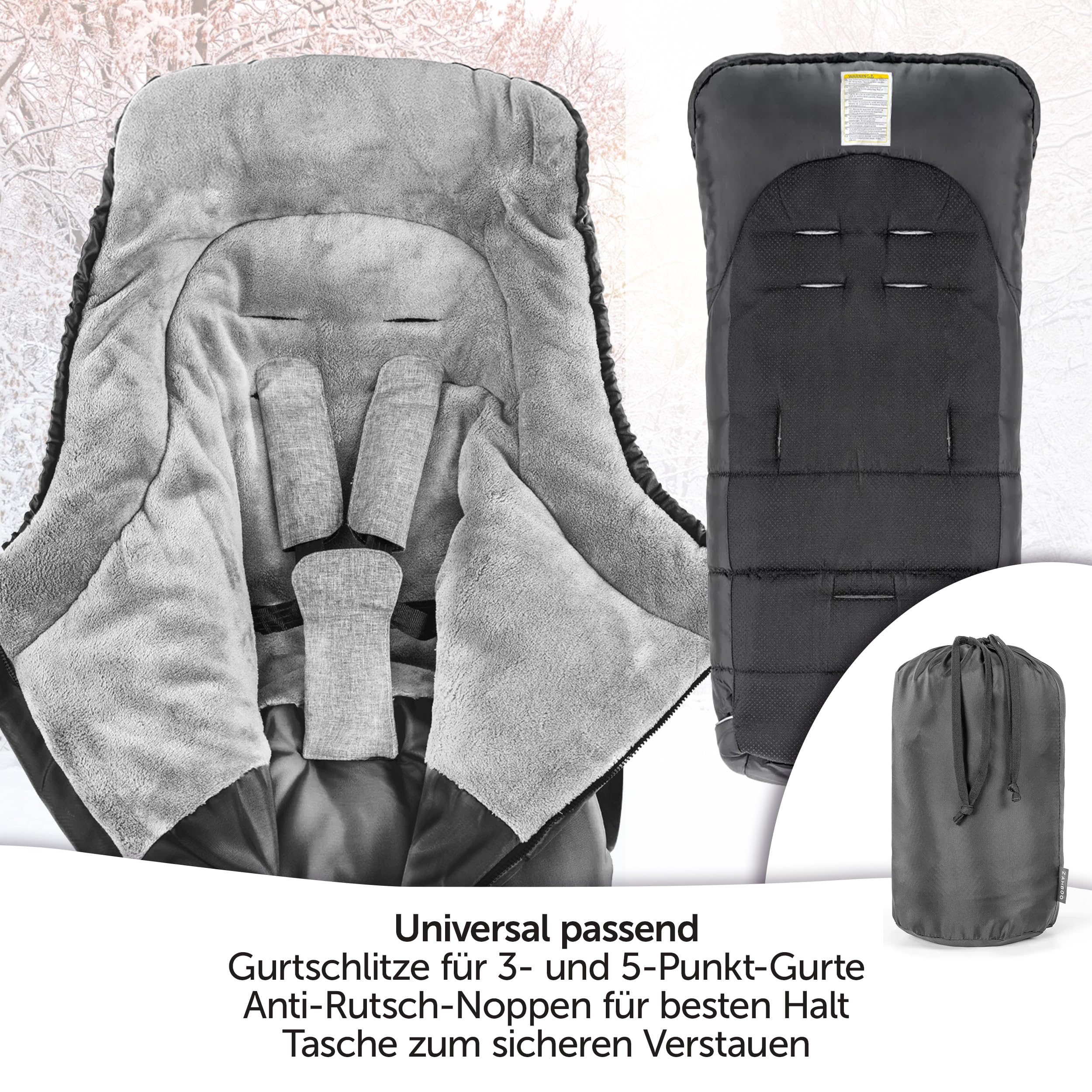 Zamboo Fußsack für Joie Buggy Sportwagen (passend für Litetrax, Mytrax, Chrome) - Winterfußsack für Kinderwagen, mit Reflektor, Kapuzenfunktion & Tasche - Schwarz