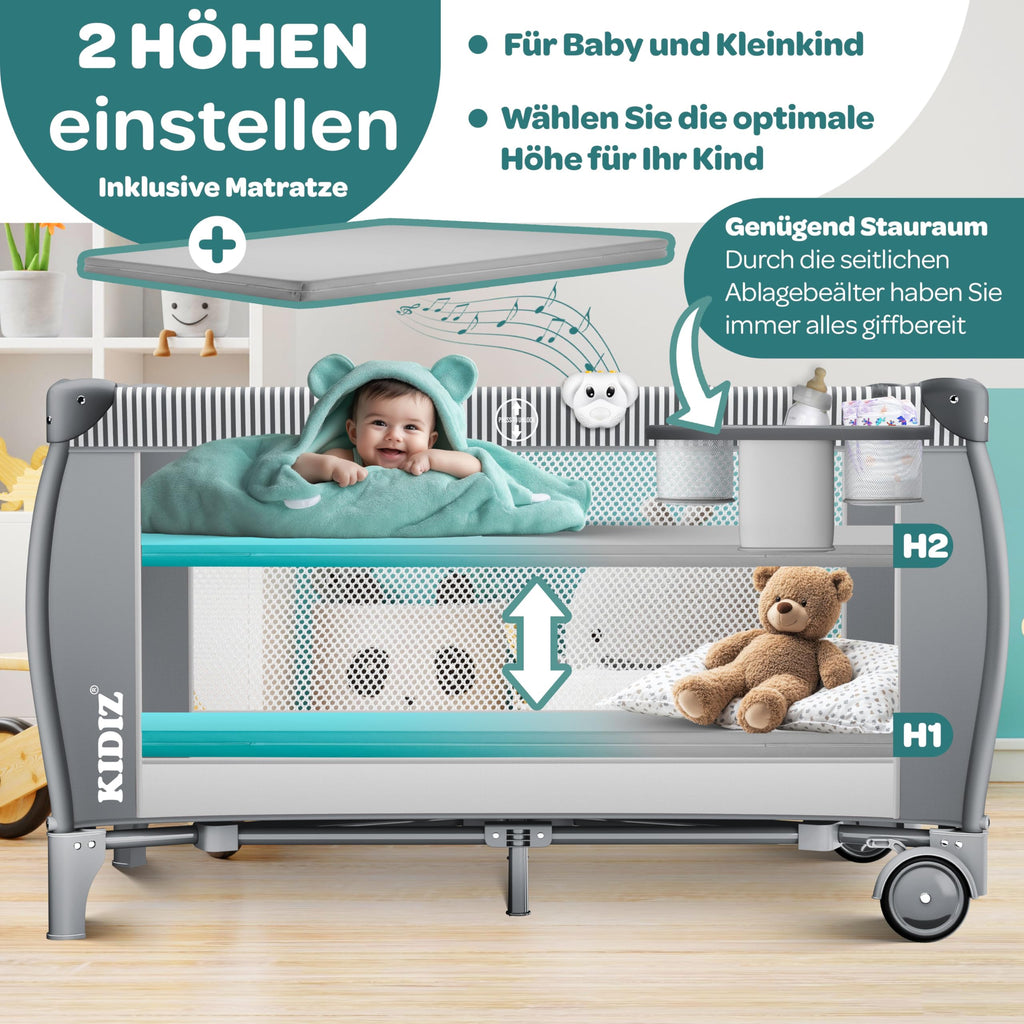 Kidiz® Babybett Reisebett Kinderreisebett klappbar mit Matratze & Räder 120x60, Seiteneingang, Wickelauflage, Moskitonetz & Tragetasche Baby Beistellbett Kinderbett ab Geburt bis 15 kg Grau