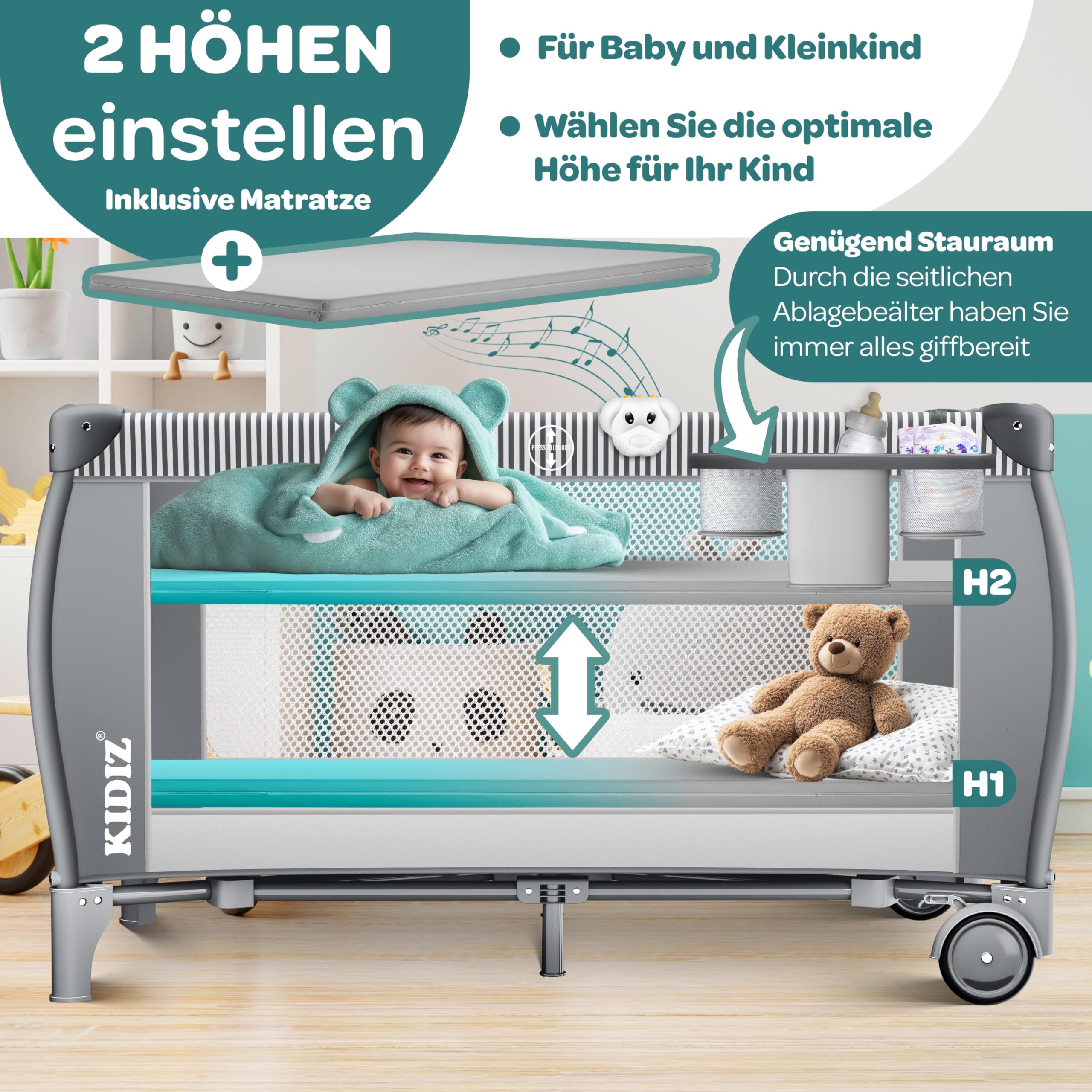 Kidiz® Babybett Reisebett Kinderreisebett klappbar mit Matratze & Räder 120x60, Seiteneingang, Wickelauflage, Moskitonetz & Tragetasche Baby Beistellbett Kinderbett ab Geburt bis 15 kg Grau
