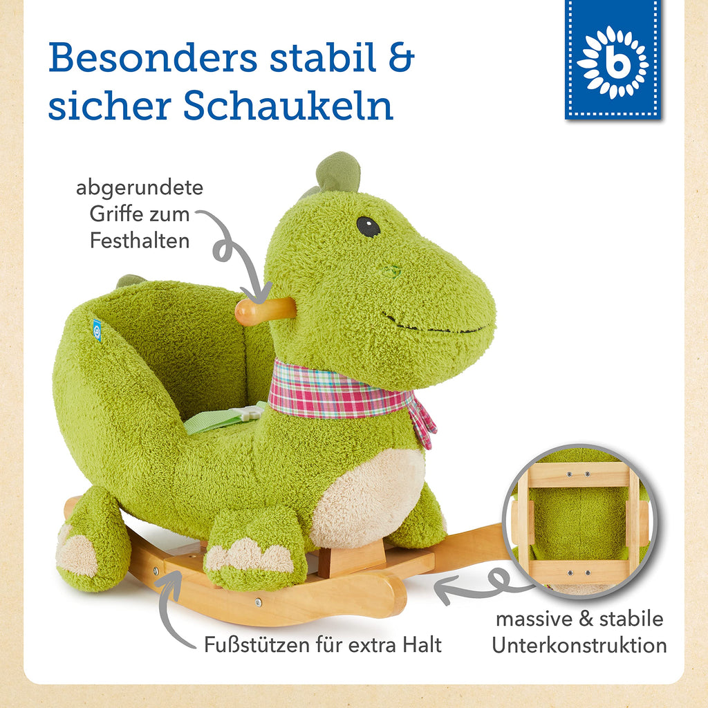 Bieco Plüsch Schaukeltier Dino | Kinder Schaukelstuhl mit Sicherheitsgurt | Schaukel Kleinkind | Schaukeltier Baby Zimmer | Baby Schaukelwippe ab 9 Monate | Schaukelpferd Holz