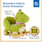 Bieco Plüsch Schaukeltier Dino | Kinder Schaukelstuhl mit Sicherheitsgurt | Schaukel Kleinkind | Schaukeltier Baby Zimmer | Baby Schaukelwippe ab 9 Monate | Schaukelpferd Holz
