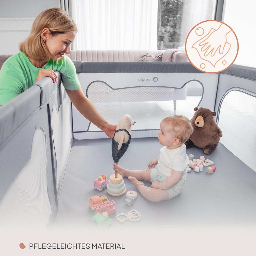 LIONELO WILLOW Laufgitter Baby, ab 0-48 Monaten große Fläche 120 cm x 180 cm x 68 cm mit Seitenwände aus atmungsaktiven, strapazierfähigem Netzstoff, 2 Seitliche Eingänge mit einem Reißverschluss