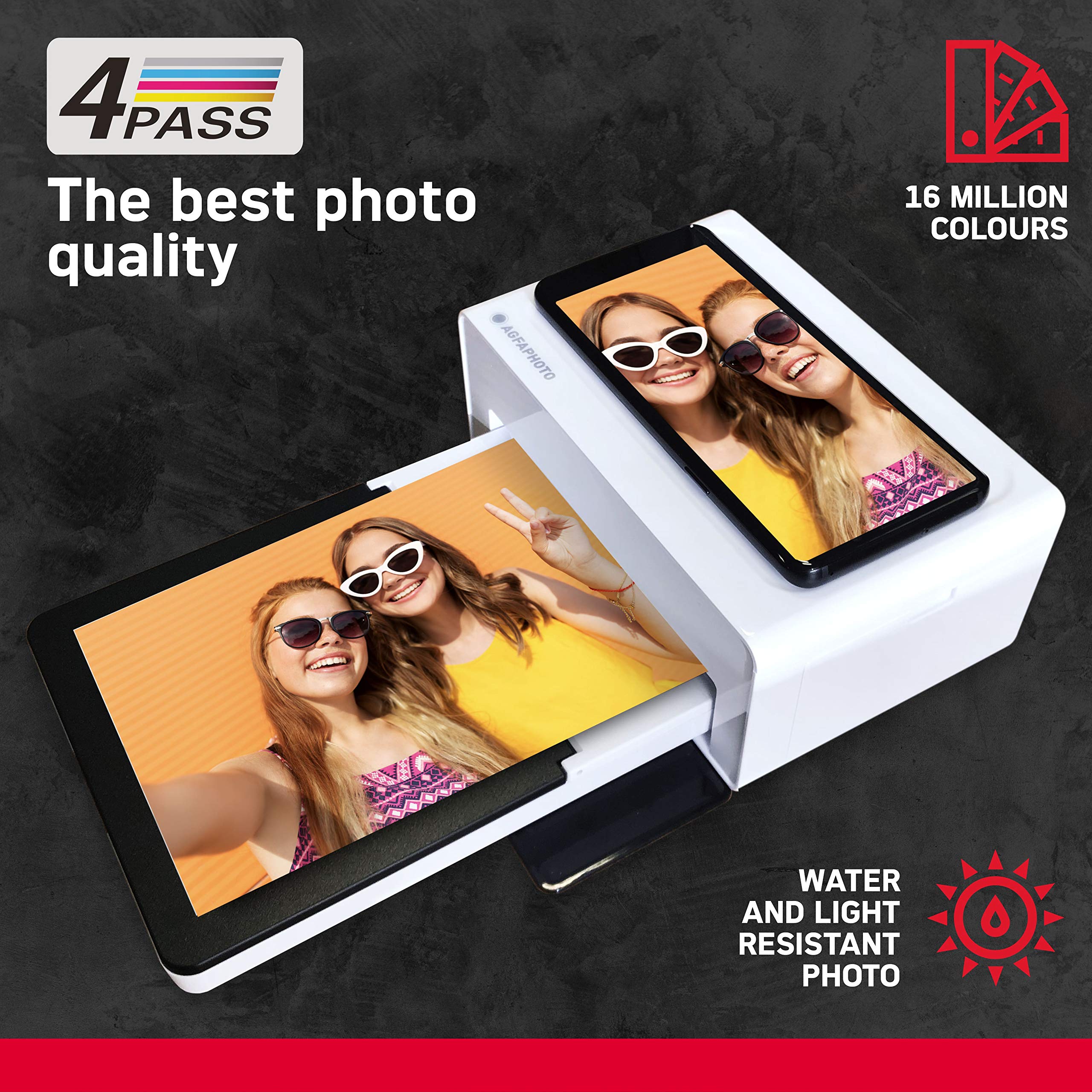 AgfaPhoto Realipix Moments AMO46 – 10x15 cm Smartphone-Fotodrucker, Bluetooth für Apple und Android Smartphones, 4Pass Thermosublimation – Weiß