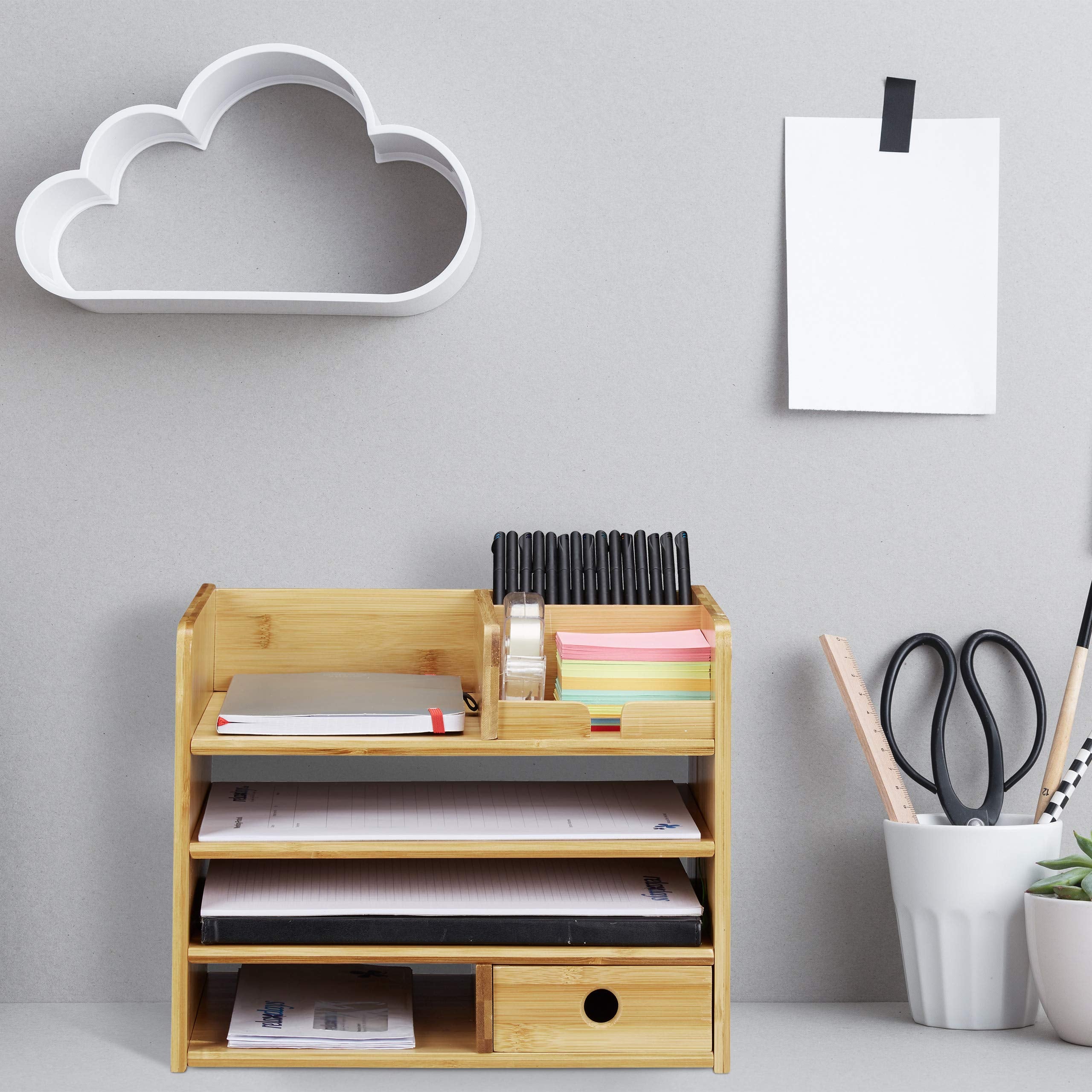 Relaxdays Schreibtisch Organizer, Briefablage A4, Notizzettel und Stifte ordnen, Schublade, Ordnungssystem Büro, Bambus, H x B x T: ca. 26 x 33 x 24 cm, Natur