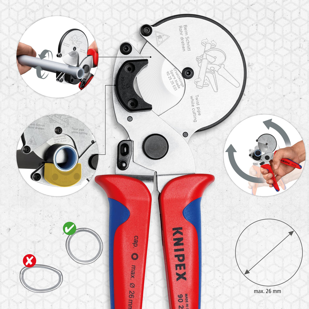 KNIPEX Rohrschneider für Verbund- und Kunststoffrohre verchromt mit Mehrkomponenten-Hüllen 210 mm, 90 25 25