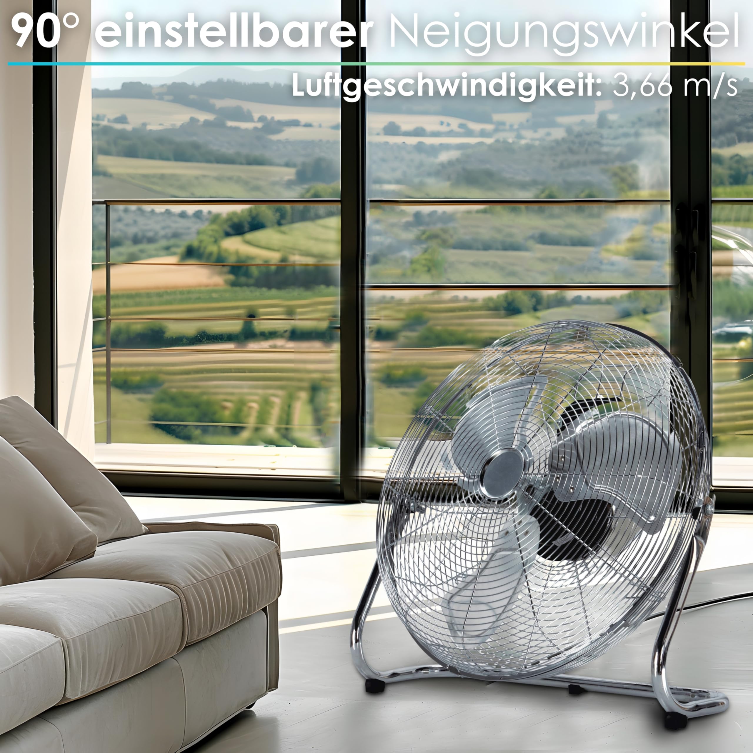Echos Bodenventilator | Ø46 cm | 102 m³/min Luftdurchsatz | 1.250 U./min | 3 Geschwindigkeitsstufen | Power Windmaschine | Luftkühler | Standlüfter | Raumkühler | Ventilator (Vollmetall)
