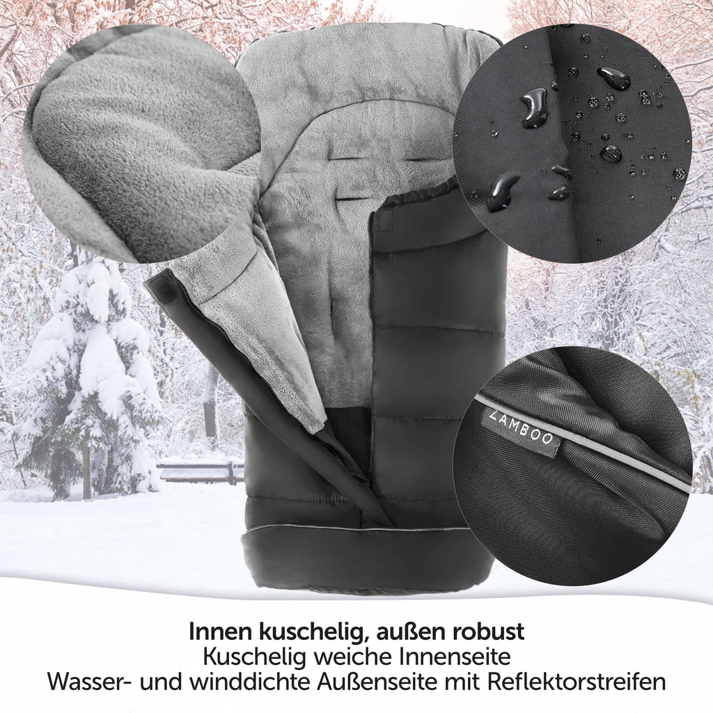 Zamboo Fußsack für Joie Buggy Sportwagen (passend für Litetrax, Mytrax, Chrome) - Winterfußsack für Kinderwagen, mit Reflektor, Kapuzenfunktion & Tasche - Schwarz