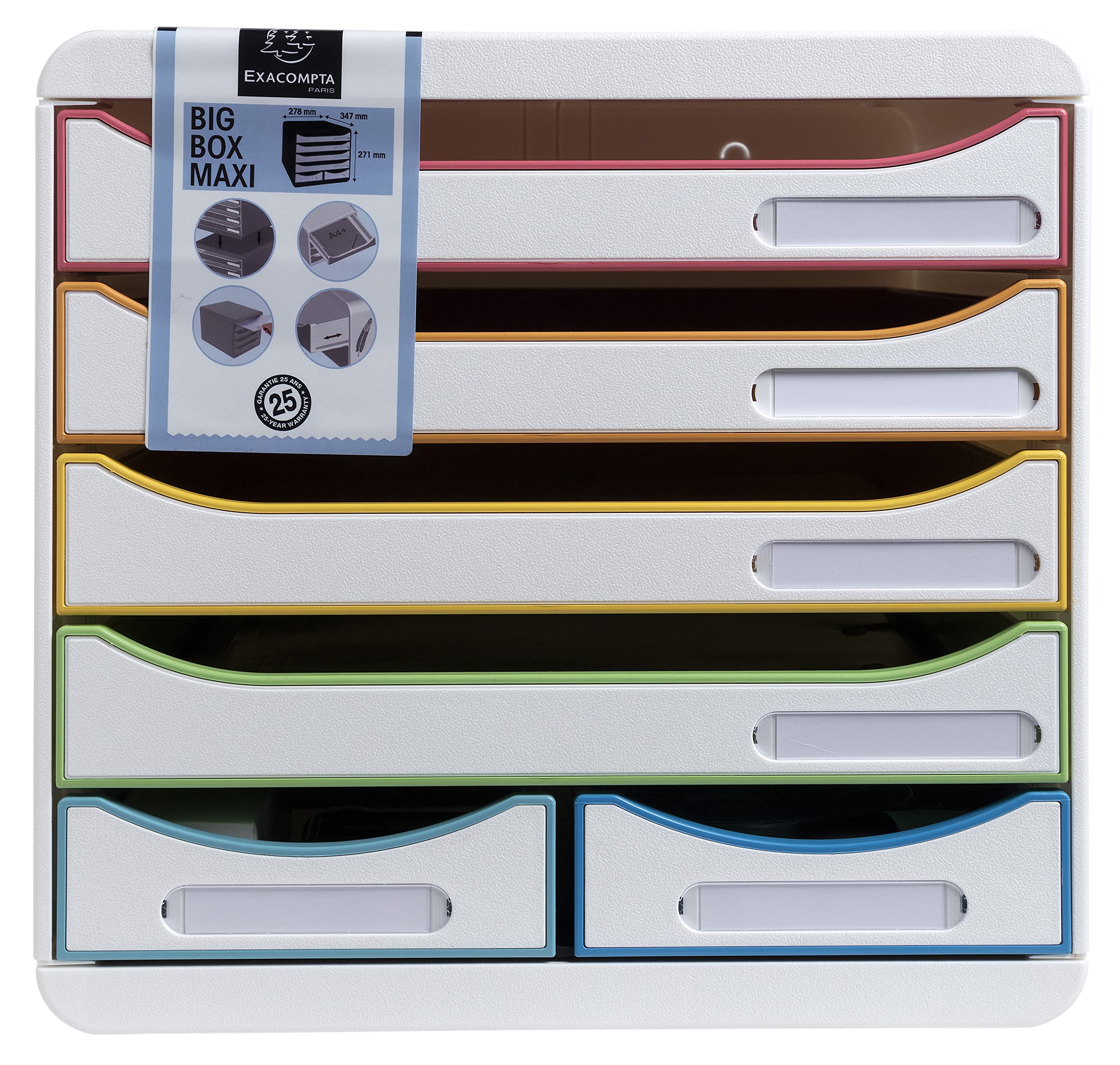 Exacompta 312913D Ablagebox Harlekin aus Recycling-Kunststoff mit 4 Schubladen für DIN A+ und 2 Schubladen für Utensilien. Belastbare Schubladenbox für mehr Platz. Blauer Engel Big Box Maxi weiß|bunt