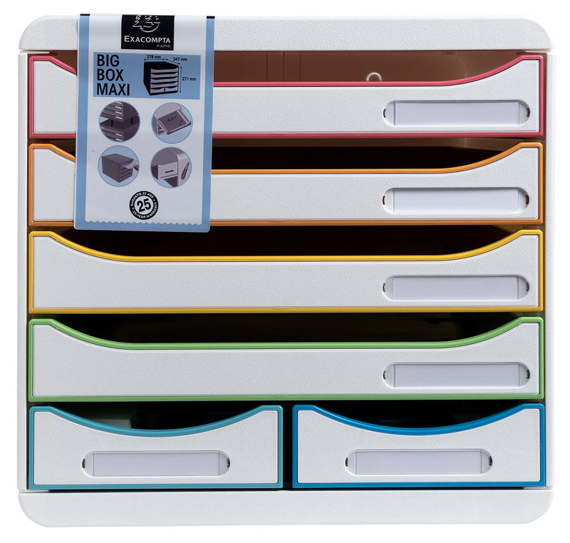 Exacompta 312913D Ablagebox Harlekin aus Recycling-Kunststoff mit 4 Schubladen für DIN A+ und 2 Schubladen für Utensilien. Belastbare Schubladenbox für mehr Platz. Blauer Engel Big Box Maxi weiß|bunt