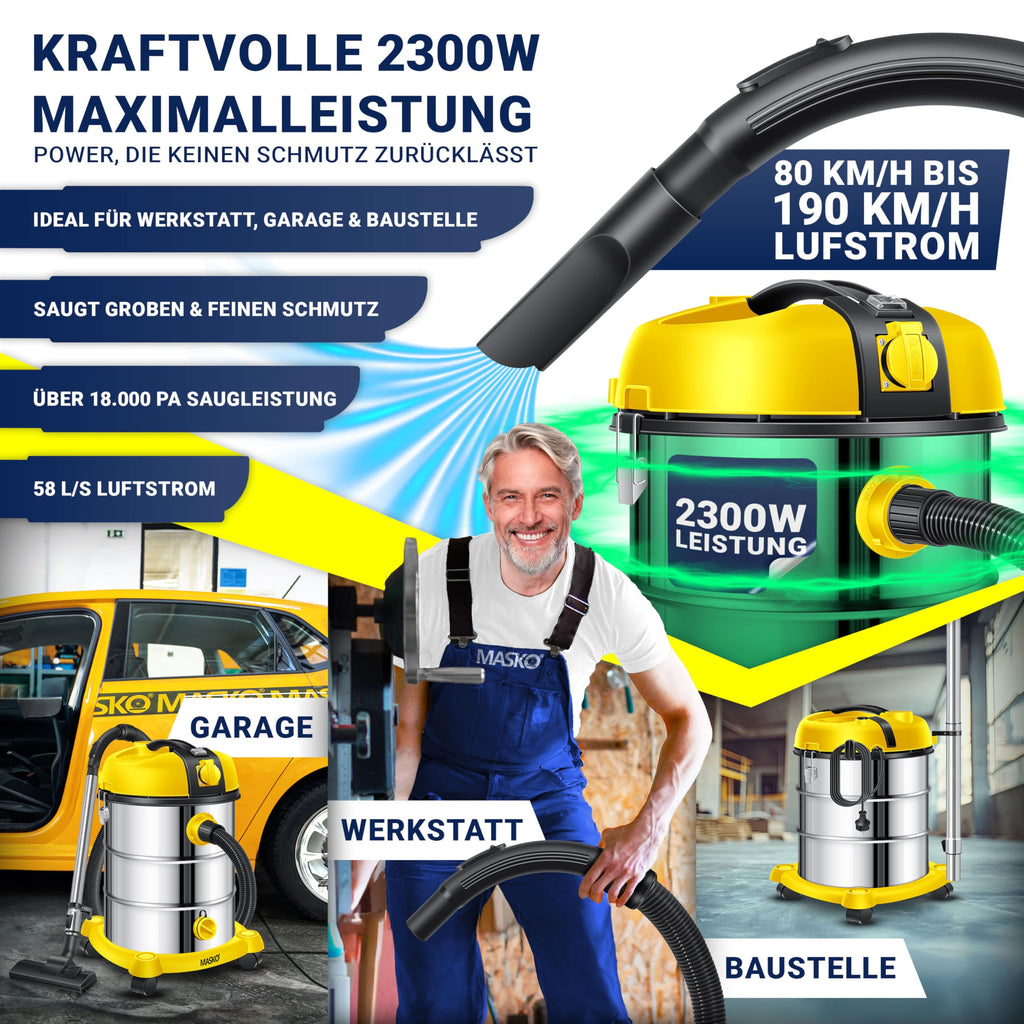 MASKO® Industriestaubsauger Staubsauger Nass Trocken Sauger Edelstahl 2300W + Steckdose, Blasfunktion, Saugschlauch & Nass-Saugen, Push&Clean, Industriesauger mit & ohne Beutel, Inkl Filter beutellos