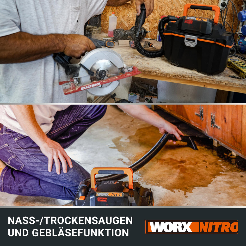 WORX WX031.9 Akku Nass-/Trockensauger - mobil und handlich - 20V - mit Fugendüse und Breitstrahldüse - ohne Akku und Ladegerät, Schwarz/Orange