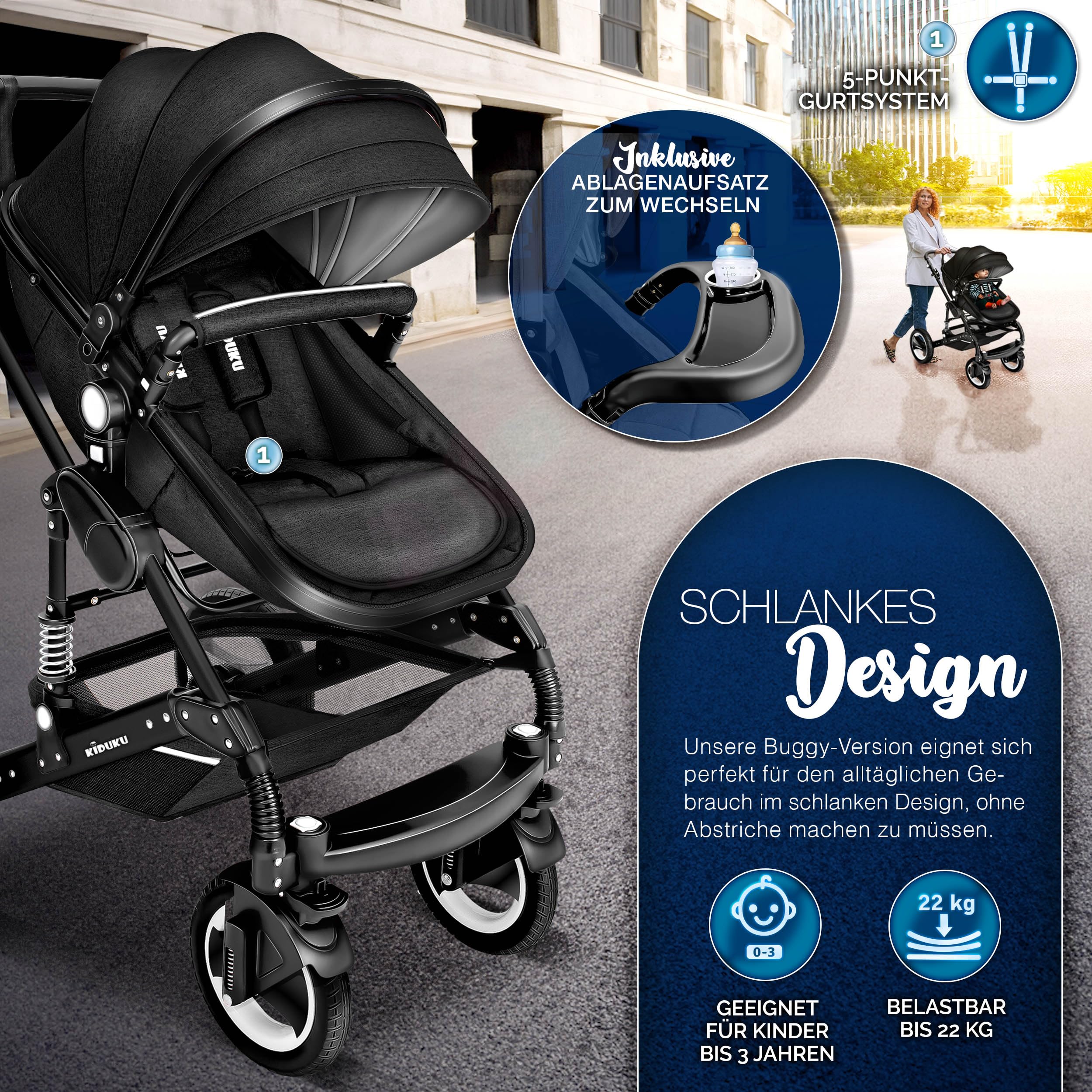 KIDUKU® 3 in 1 Kinderwagen XXL Komplettset | Kombikinderwagen Set inkl. Babywanne Buggy Sportsitz & Auto-Babyschale Fußsack | Vollgummireifen Wickeltasche Handwärmer Regenschutz Kindertisch ECE R129