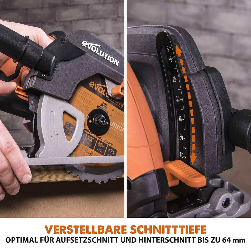 Evolution Handkreissäge R185CCS Kreissäge Tauchsäge 1600W Inkl. Ø 185 mm HM-Sägeblatt Mehrzweck Multi-Material-Schneiden Holz, Aluminium, Stahl, Kunststoff | Scie Circulaire mit Führungsschiene