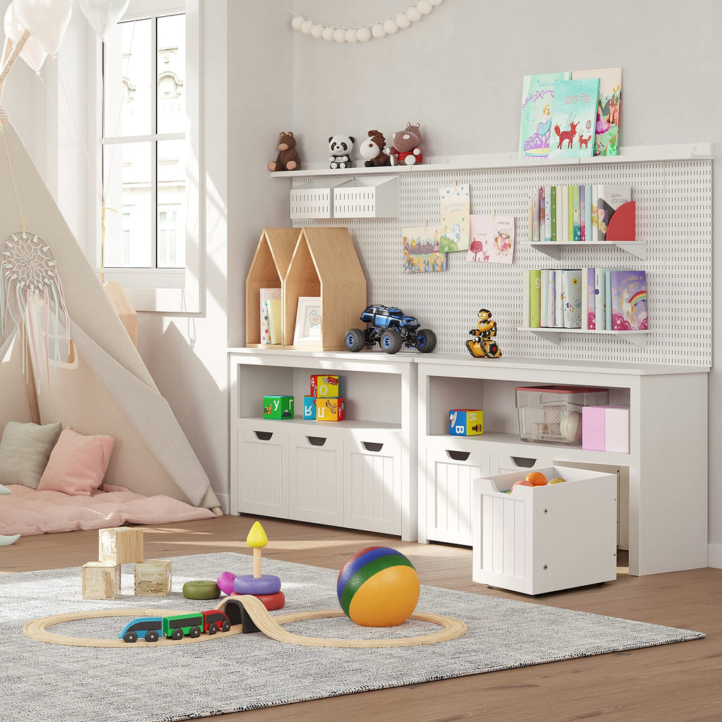 VASAGLE Kinderregal, Spielzeugaufbewahrung für Kinder, Aufbewahrungsschrank, Spielzeugschrank, Aufbewahrungsbox mit Rollen, Spielzeugregal, für Kinderzimmer, 30 x 102 x 60 cm, weiß LHS380W01