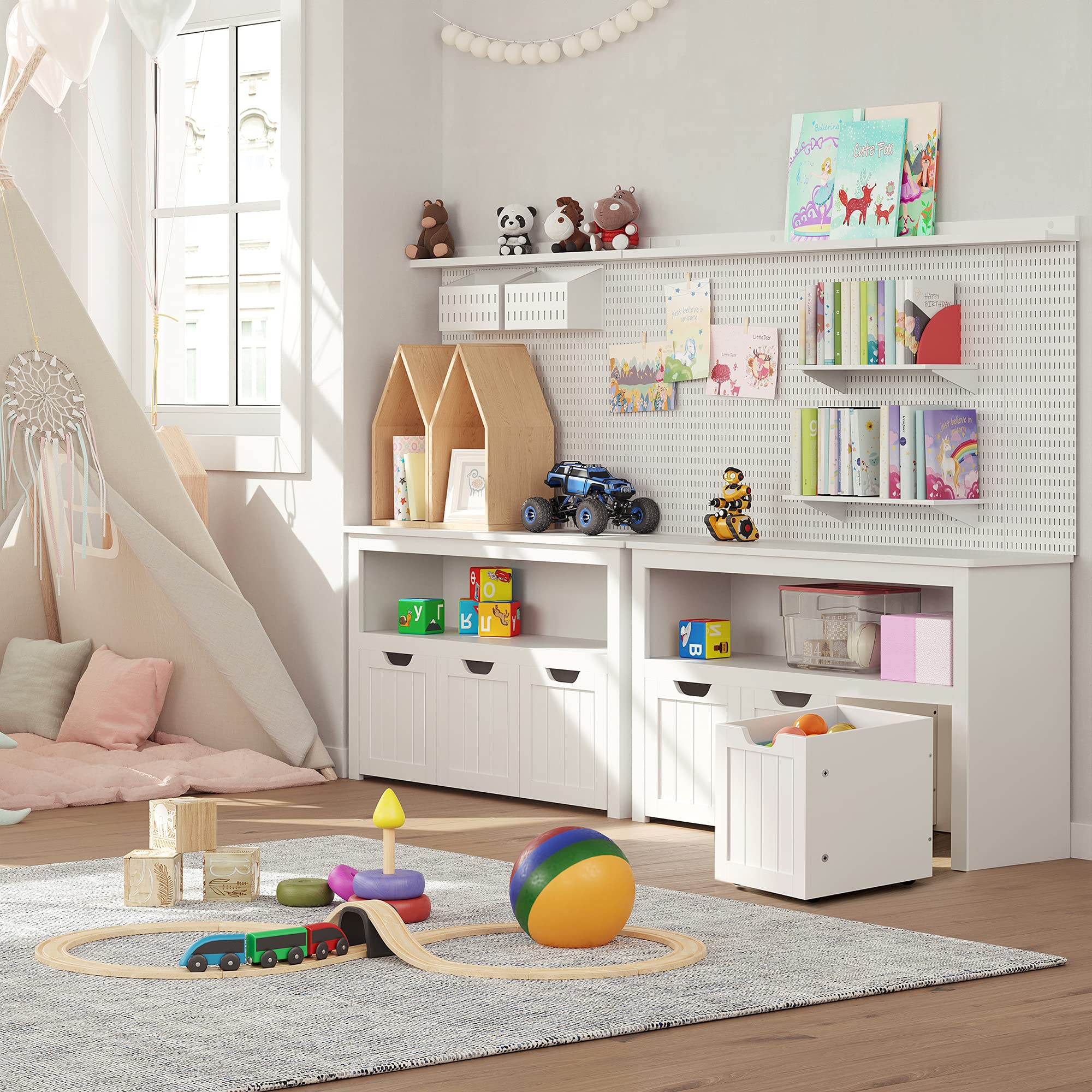 VASAGLE Kinderregal, Spielzeugaufbewahrung für Kinder, Aufbewahrungsschrank, Spielzeugschrank, Aufbewahrungsbox mit Rollen, Spielzeugregal, für Kinderzimmer, 30 x 102 x 60 cm, weiß LHS380W01