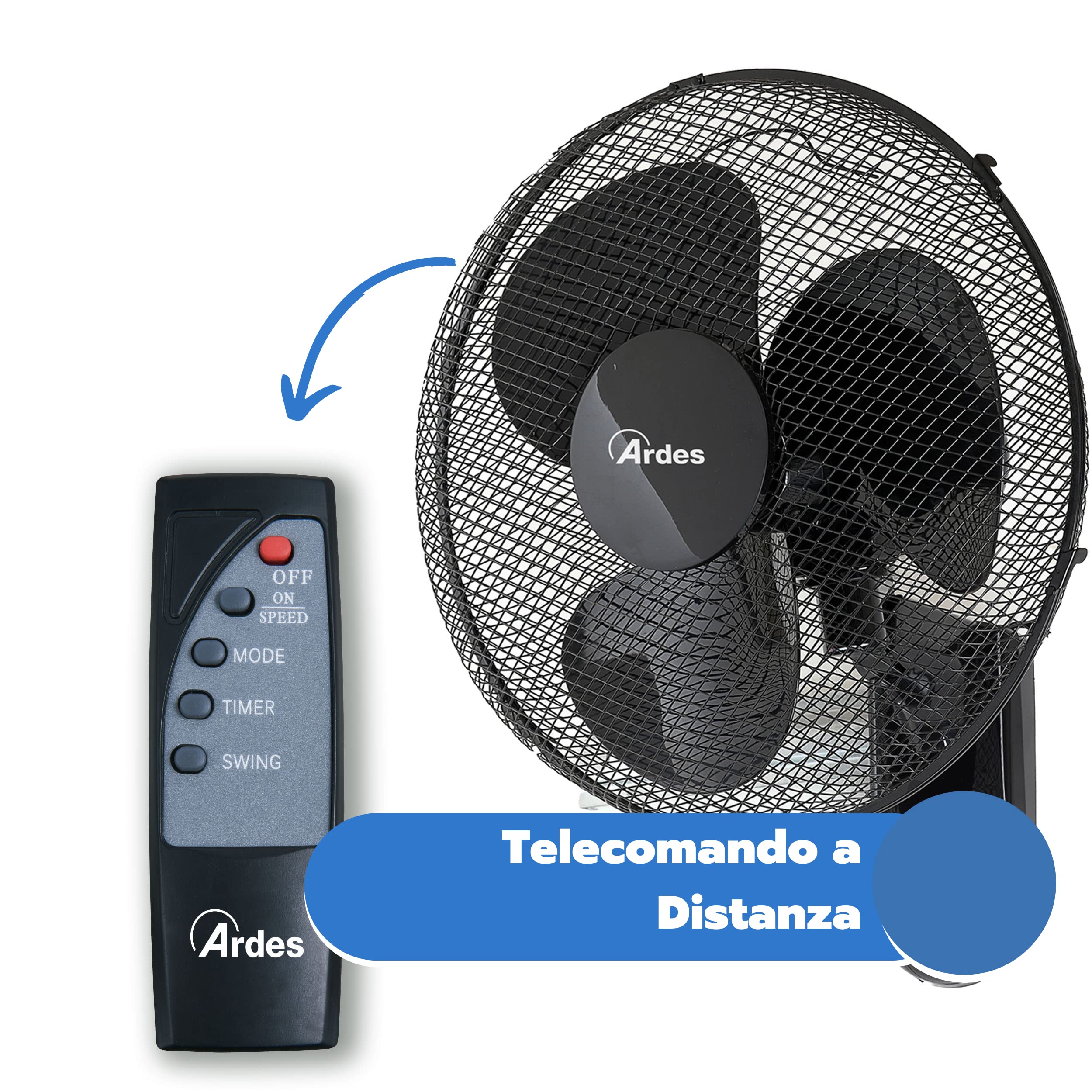 ARDES - Wandventilator mit 3 rotierenden Flügeln (40 cm), Fernbedienung, automatische Oszillation, einstellbarer Timer und 3 Geschwindigkeitsstufen, Wandventilator schwarz AR5W40R