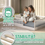 CADANI Timi Kinderbett 120x200 cm Bodenbett, Rausfallschutz abnehmbar, bis 200 kg belastbar, Roll-Lattenrost, Montessori Kiefer Massivholz Bett, 3 Aufbauvarianten, Umbaubar, Weiß