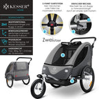 KESSER® Kinderanhänger Fahrradanhänger 360° Drehbar mit Federung 2in1 Joggerfunktion Kinderfahrradanhänger + 5-Punkt Gurt Jogger Fahrrad Anhänger für 1 bis 2 Kinder max. 40kg Inkl. Warnfahne Hellgrau