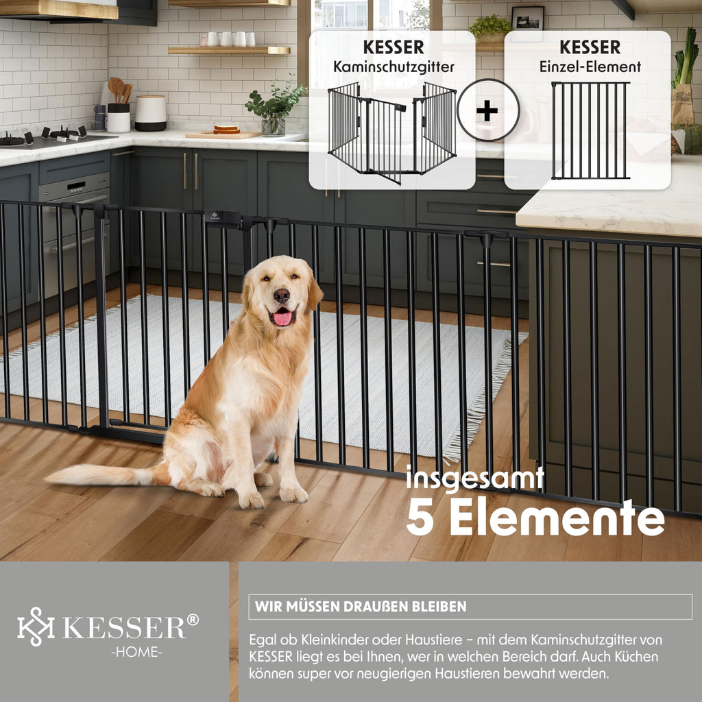 KESSER® Kaminschutzgitter mit Tür 305 cm Metall Ofenschutzgitter Laufgitter Laufstall Absperrgitter Tierschutzgitter Türschutzgitter für Kinder-Sicherung, 5-teilig Elemente (je 60 x 75 cm) Schwarz