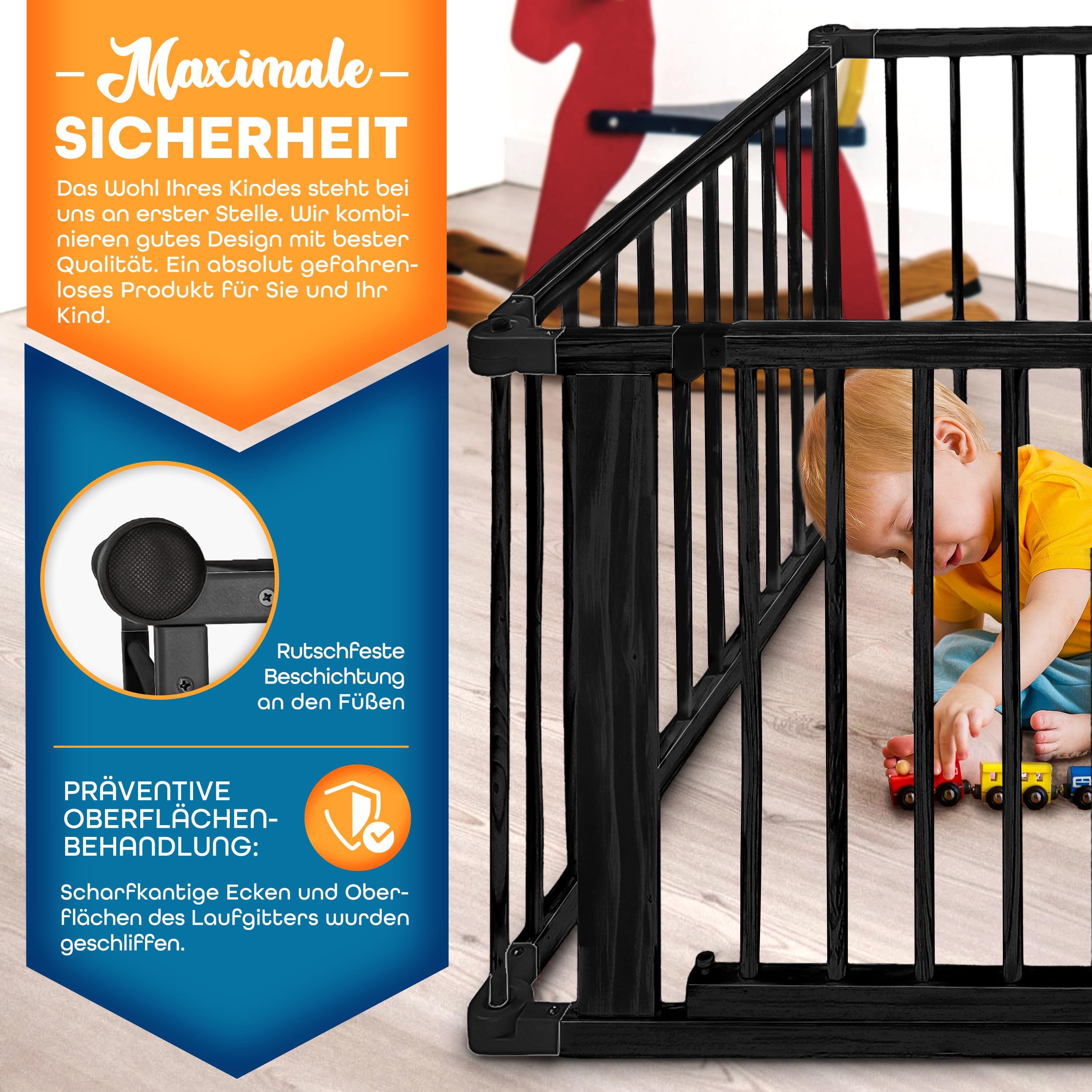 KIDUKU® 7,2 Meter Baby Laufgitter XXL klappbar inkl. Tür | Laufstall mit doppelter Sicherung | Absperrgitter für Kinder inkl. 8 Elementen | Krabbelgitter individuell formbar