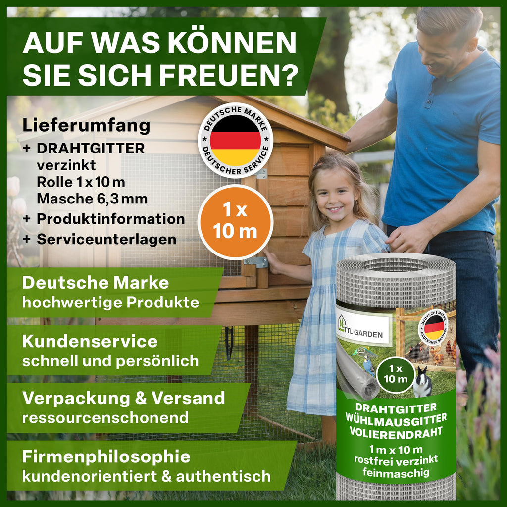TTL GARDEN 1m x 10m Drahtgitter feinmaschig rostfrei verzinkt 6,3mm Masche 0,55 mm Draht Stärke - auf Rolle Maschendraht Volierendraht Hasendraht Wühlmausgitter 10m x 1m breit 6,3 mm Maschenweite