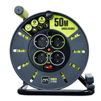 Masterplug Pro-XT 4-Fach offene Kabeltrommel mit Aufrollgriff, Thermoabschaltung und Netzschalter, 50 Meter langes Kabel mit hoher Sichtbarkeit