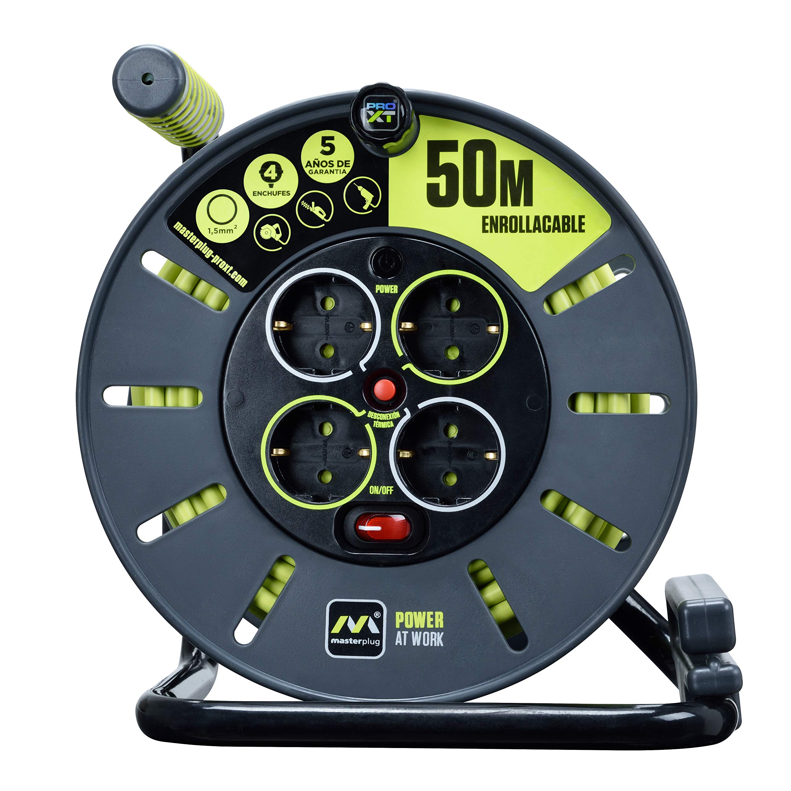 Masterplug Pro-XT 4-Fach offene Kabeltrommel mit Aufrollgriff, Thermoabschaltung und Netzschalter, 50 Meter langes Kabel mit hoher Sichtbarkeit