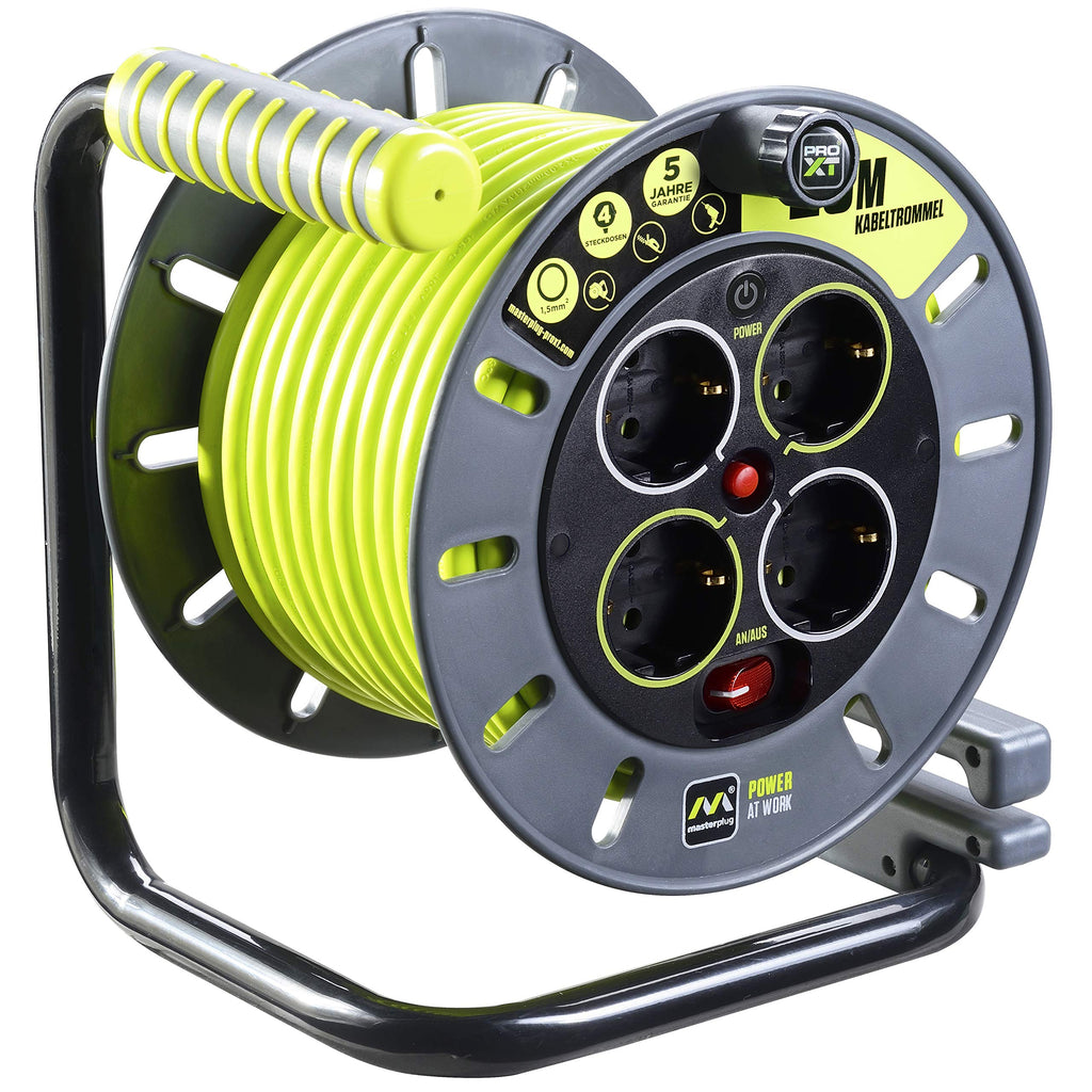 Masterplug Pro-XT Kabeltrommel Verlängerungskabel mit 4 Steckdosen, Wickelkurbel, Thermoschutz und Netzschalter, 25 Meter gut sichtbares Kabel