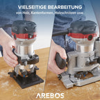 Arebos Oberfräse | Holz Fräse Fräsmaschine mit 6 Geschwindigkeitsstufen | 710W Spindelarretierung | Tauchbasis & Trimmer | Spannzange Ø 6 und 8 mm | mit Werkzeugtasche