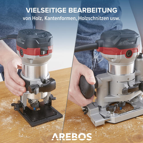 Arebos Oberfräse | Holz Fräse Fräsmaschine mit 6 Geschwindigkeitsstufen | 710W Spindelarretierung | Tauchbasis & Trimmer | Spannzange Ø 6 und 8 mm | mit Werkzeugtasche