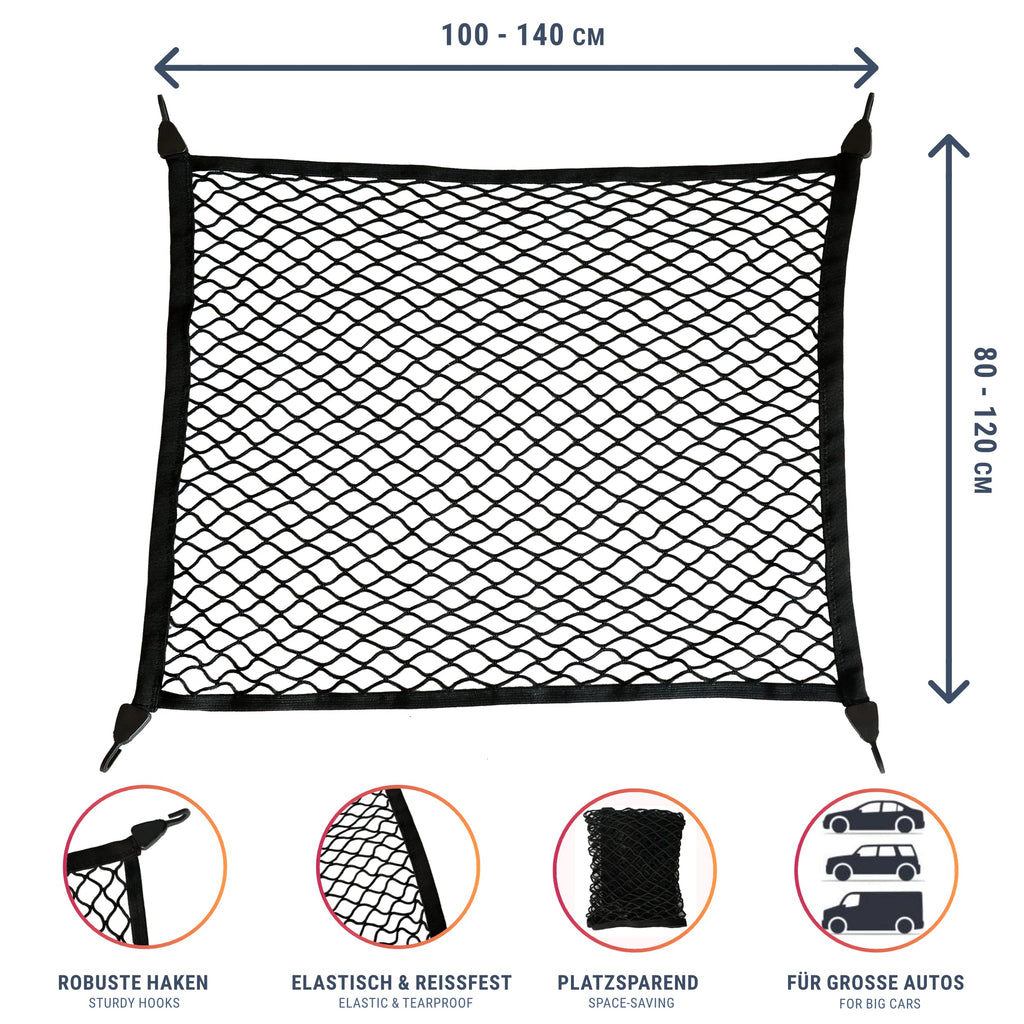 Vicera Gepäcknetz Kofferraum Netz 100x80 cm • Kofferraumnetz fürs große Autos SUV Kombi Bus Wohnmobil mit massiven Haken • Autonetz Organizer & Sicherung für den Kofferraum • Gepäcknetz Auto