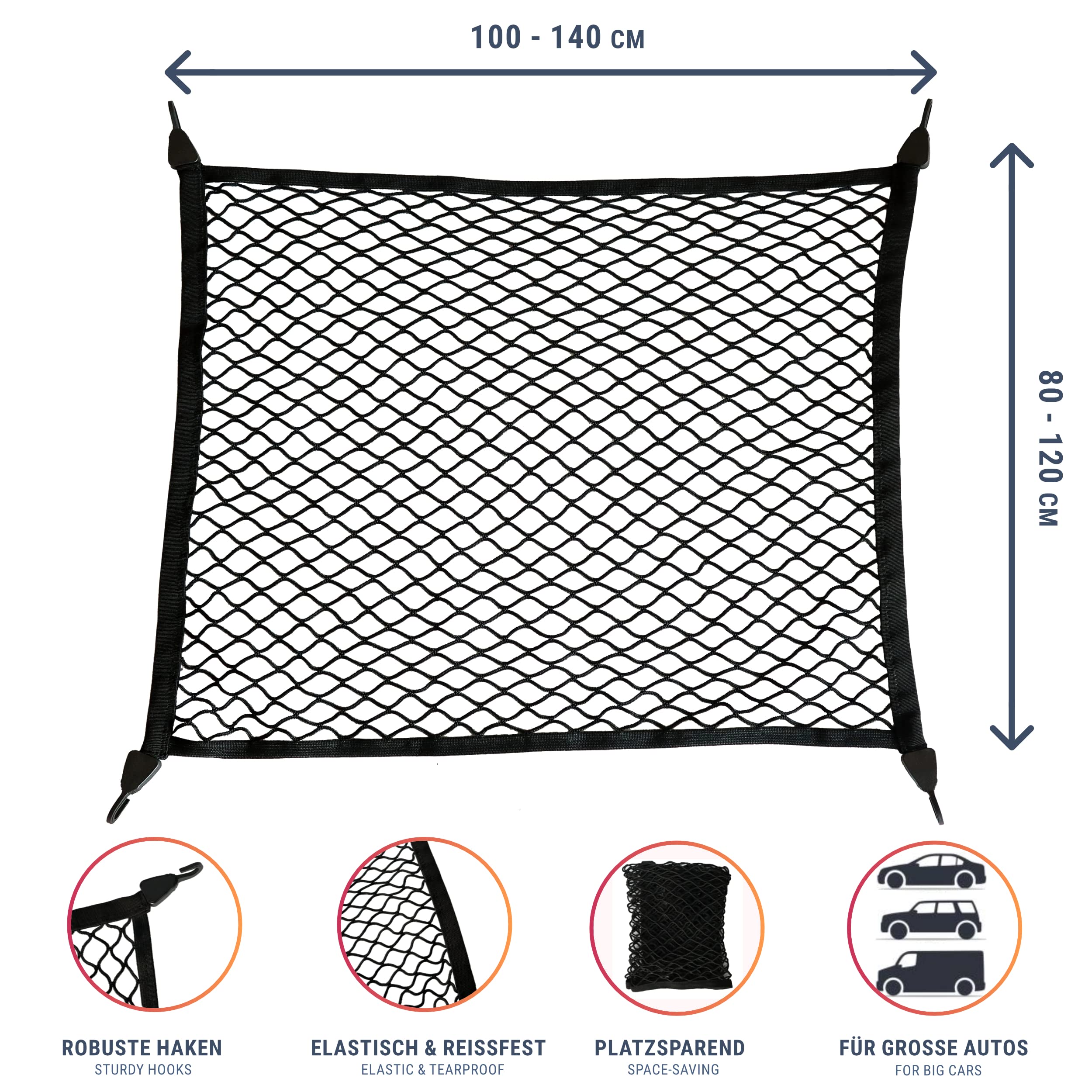 Vicera Gepäcknetz Kofferraum Netz 100x80 cm • Kofferraumnetz fürs große Autos SUV Kombi Bus Wohnmobil mit massiven Haken • Autonetz Organizer & Sicherung für den Kofferraum • Gepäcknetz Auto