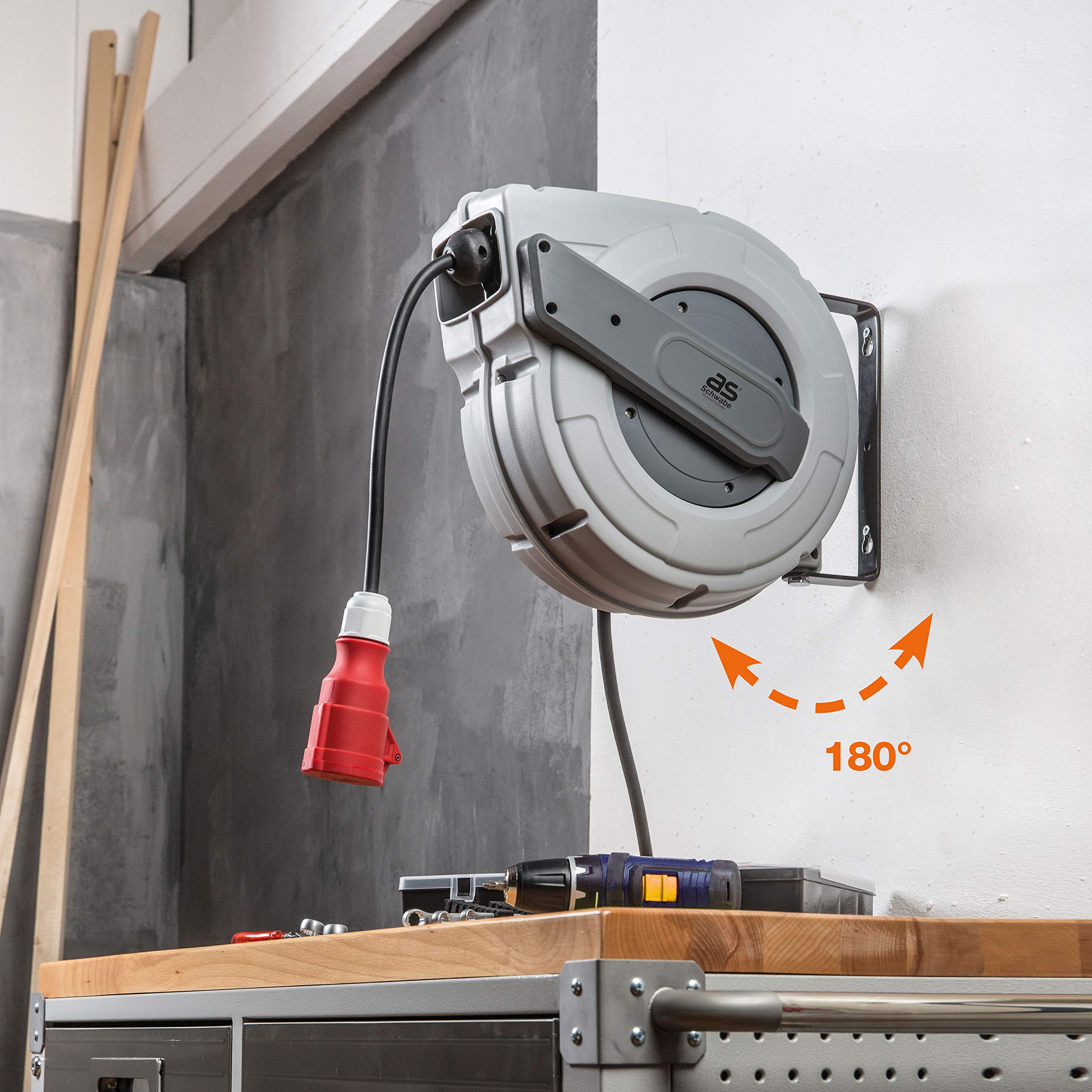 as - Schwabe Automatischer Kabelaufroller 10 m H07RN-F 5G1,5, CEE Stecker, 180° schwenkbar, 1 m Zuleitung mit CEE Kupplung, 400V/16A/5-polig, max. 7kW, IP44, 12648