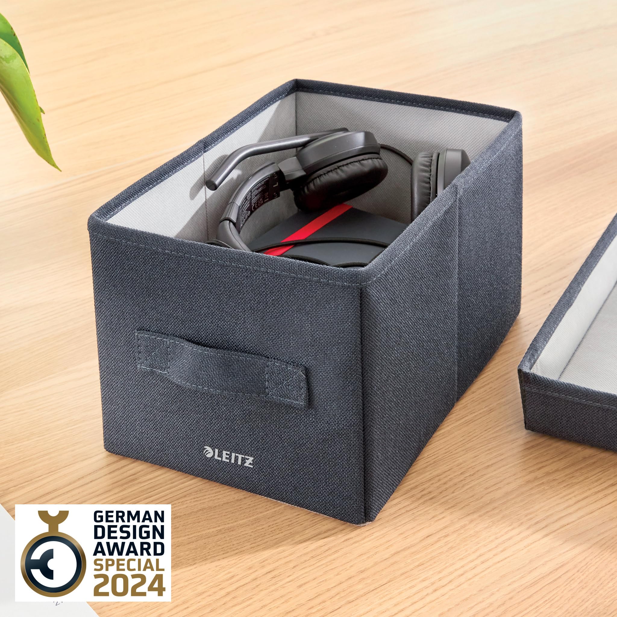 Leitz Aufbewahrungsbox mit Deckel aus Stoff Klein, 2er-Set Organisationsboxen, Universell, faltbar & umweltfreundlich, Organizer für Büro, Haushalt, Küche & Schule, Grau, 61460089