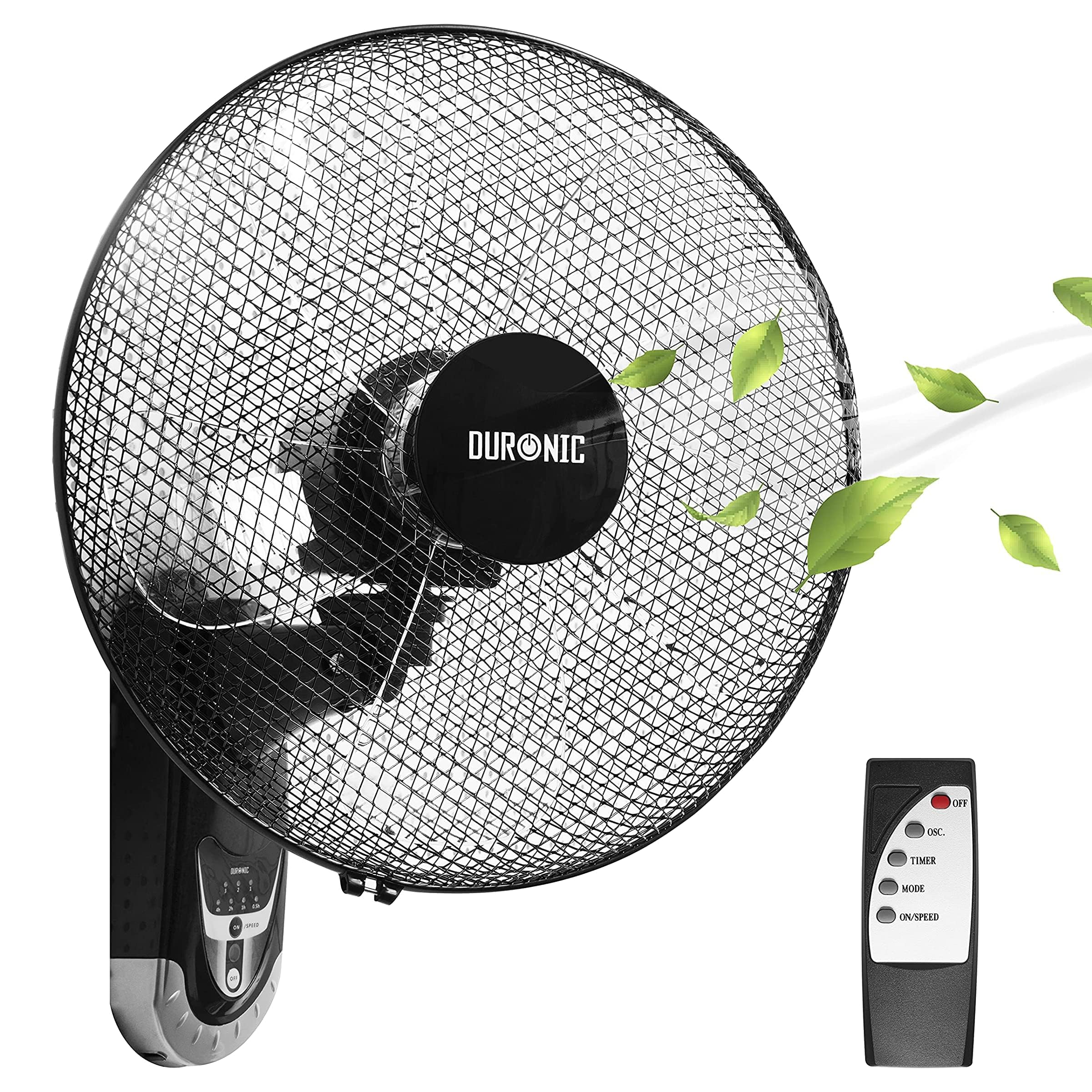 Duronic FN55 BK Wandventilator 60W | Durchmesser 40 cm | Ventilator mit Timer und Fernbedienung | 3 Geschwindigkeiten | Kompakter und leiser Raumventilator für die Wand | Oszillierender Wandlüfter