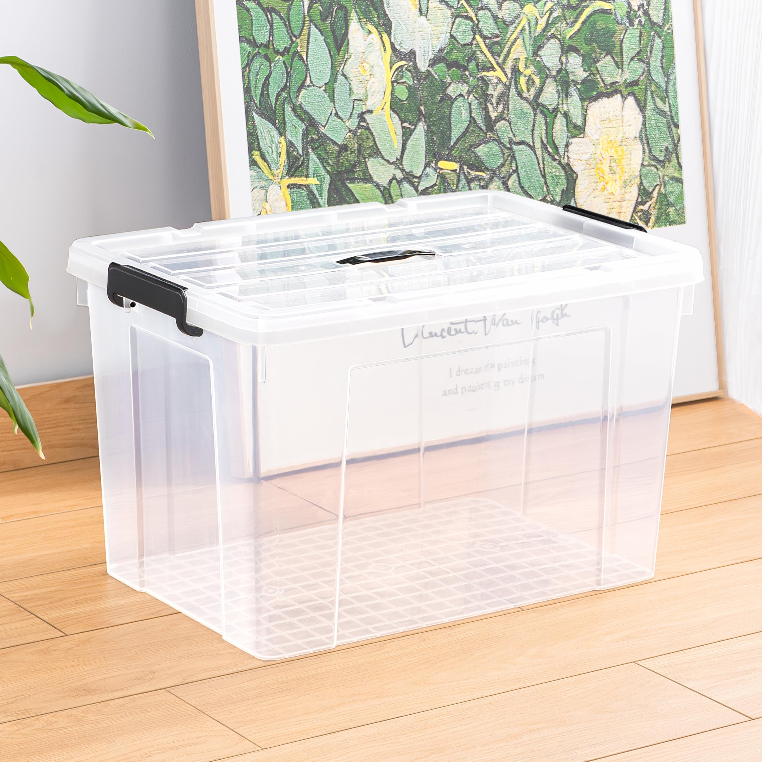 Cetomo 90L*4 Aufbewahrungsboxen, Tragbare Plastikboxen mit Deckeln, Organizer-Behälter mit Griff und Clips, Stapelbar, Ineinander Nestbar, für Zuhause und Büro, Transparent, 90L-4er Pack